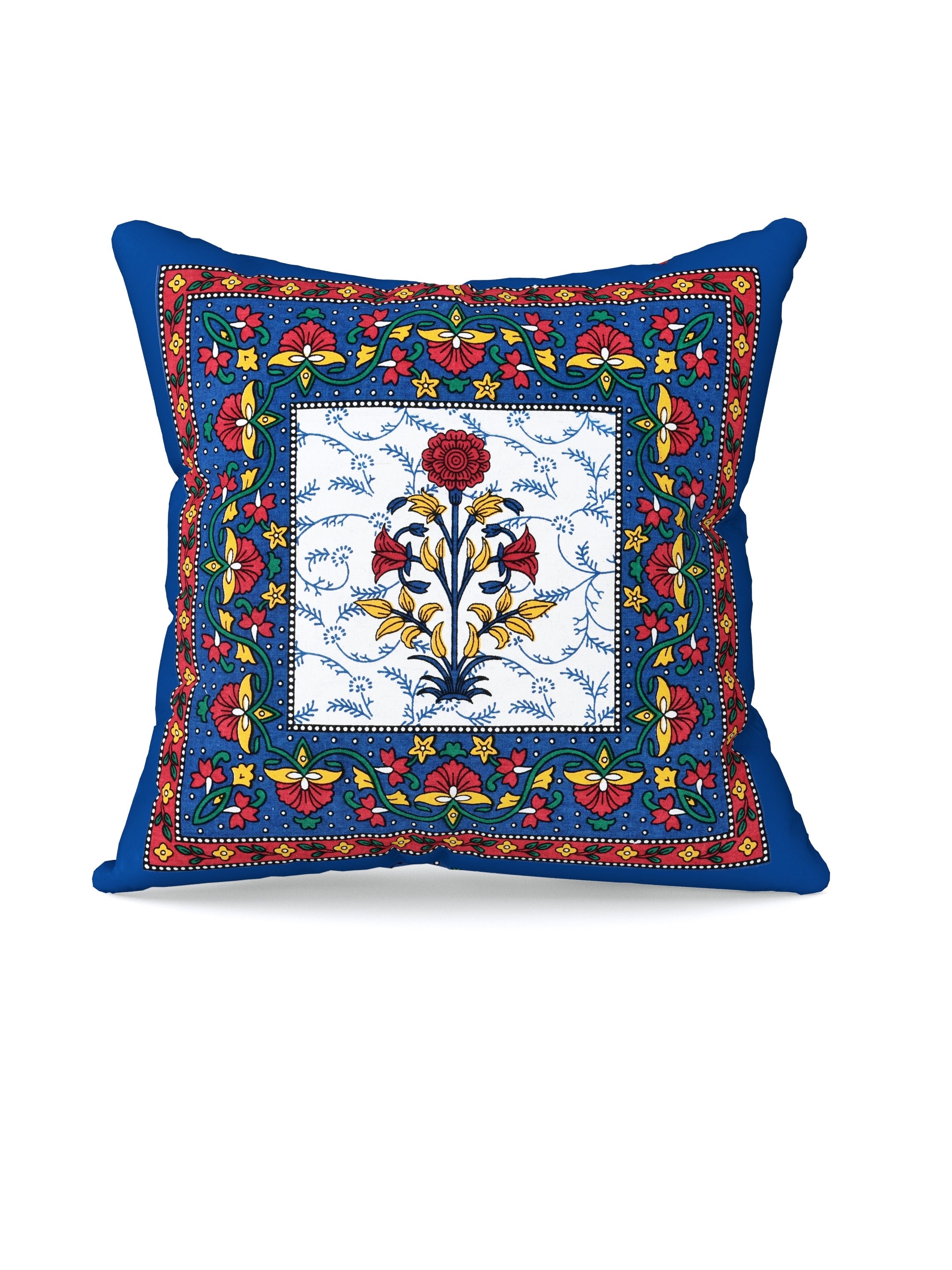LIVING ROOTS Cotton Block Printed Cushion Covers – 5 Piece Set (Blue) | Traditional Floral Motif Design | Decorative Sofa & Living Room Cushion Covers | 16x16 Inches (40-044-B)
