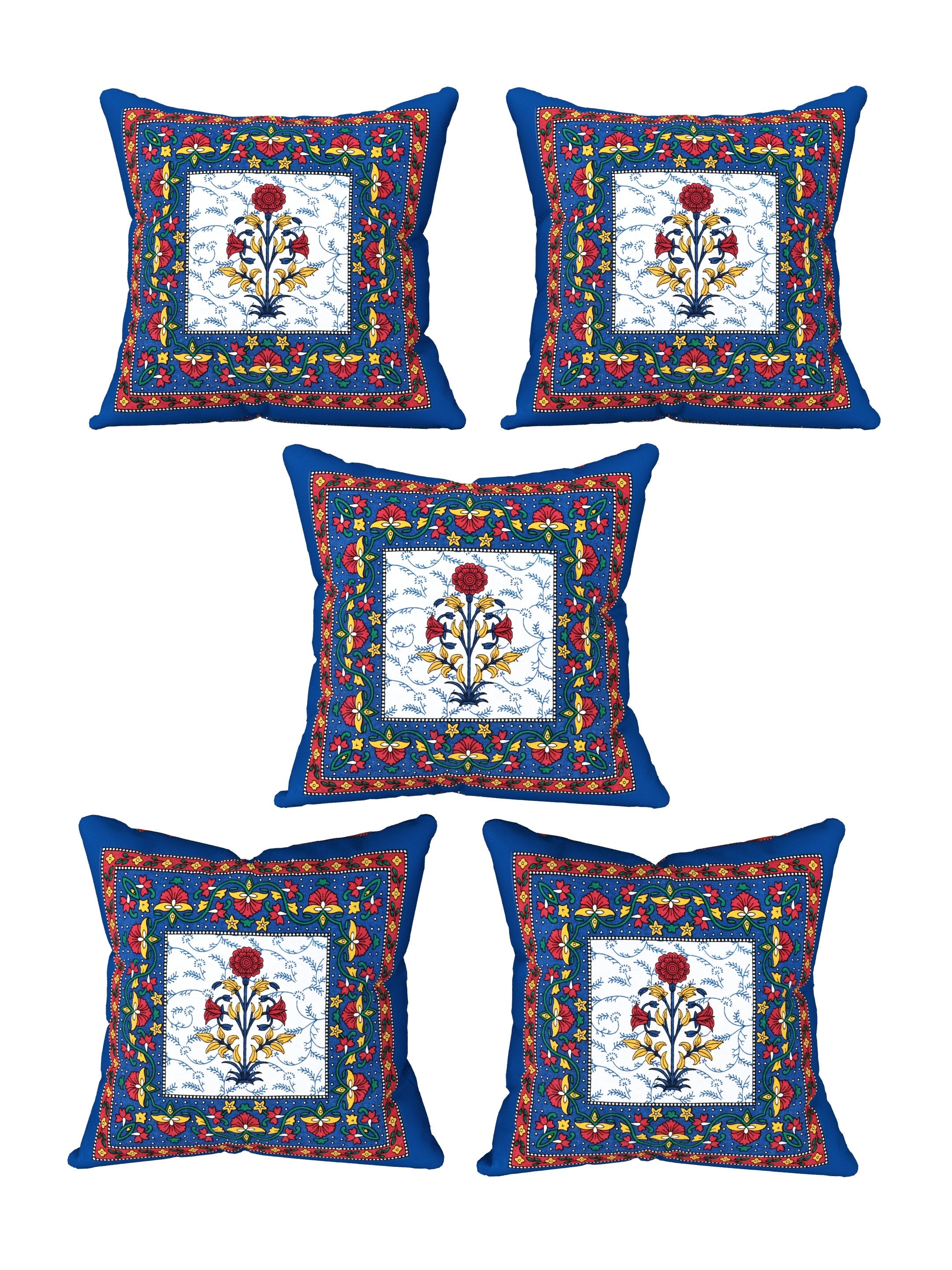LIVING ROOTS Cotton Block Printed Cushion Covers – 5 Piece Set (Blue) | Traditional Floral Motif Design | Decorative Sofa & Living Room Cushion Covers | 16x16 Inches (40-044-B)