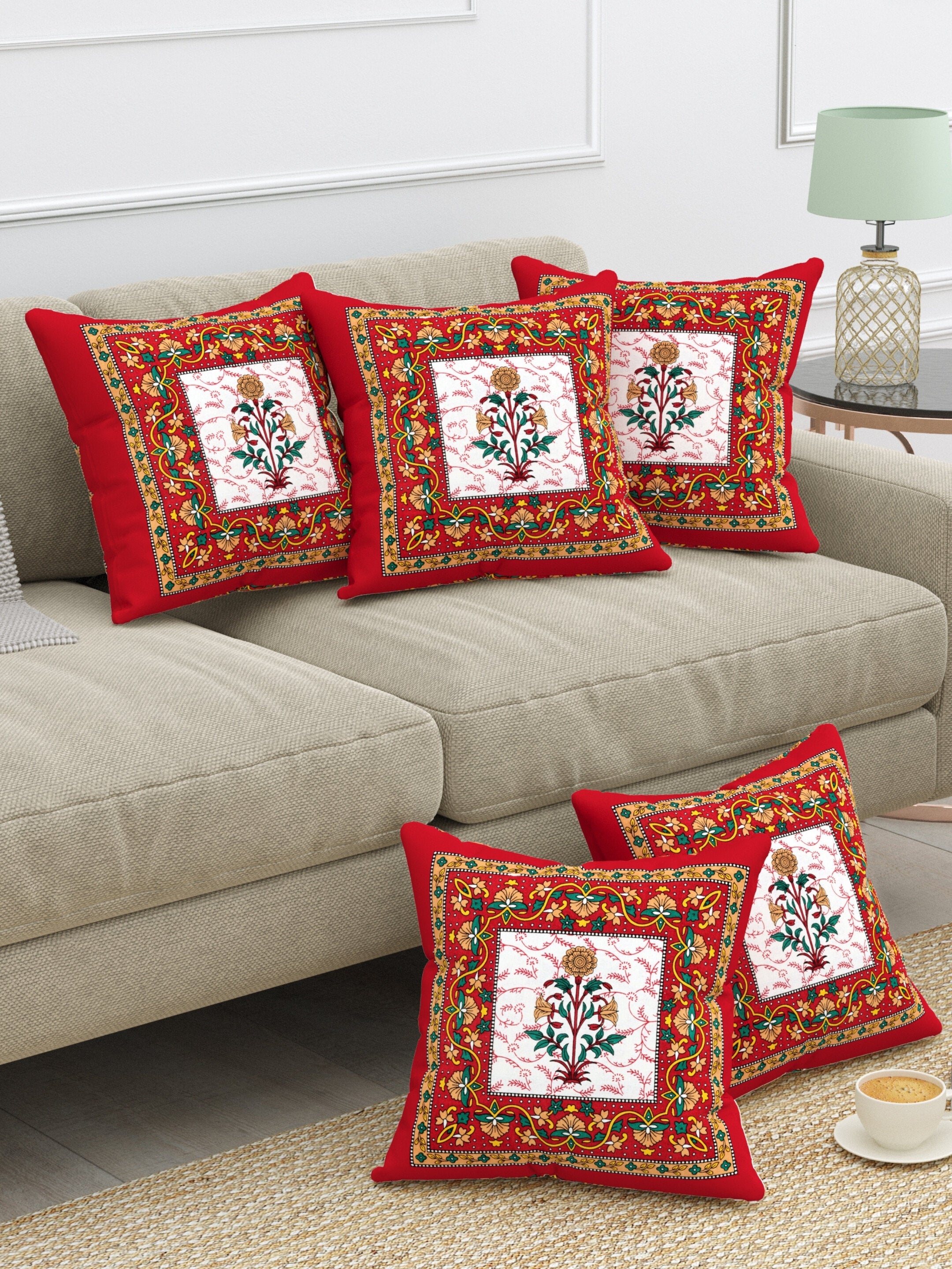 LIVING ROOTS Cotton Block Printed Cushion Covers – 5 Piece Set (Red) | Traditional Floral Motif Design | Decorative Sofa & Living Room Cushion Covers | 16x16 Inches (40-044-C)