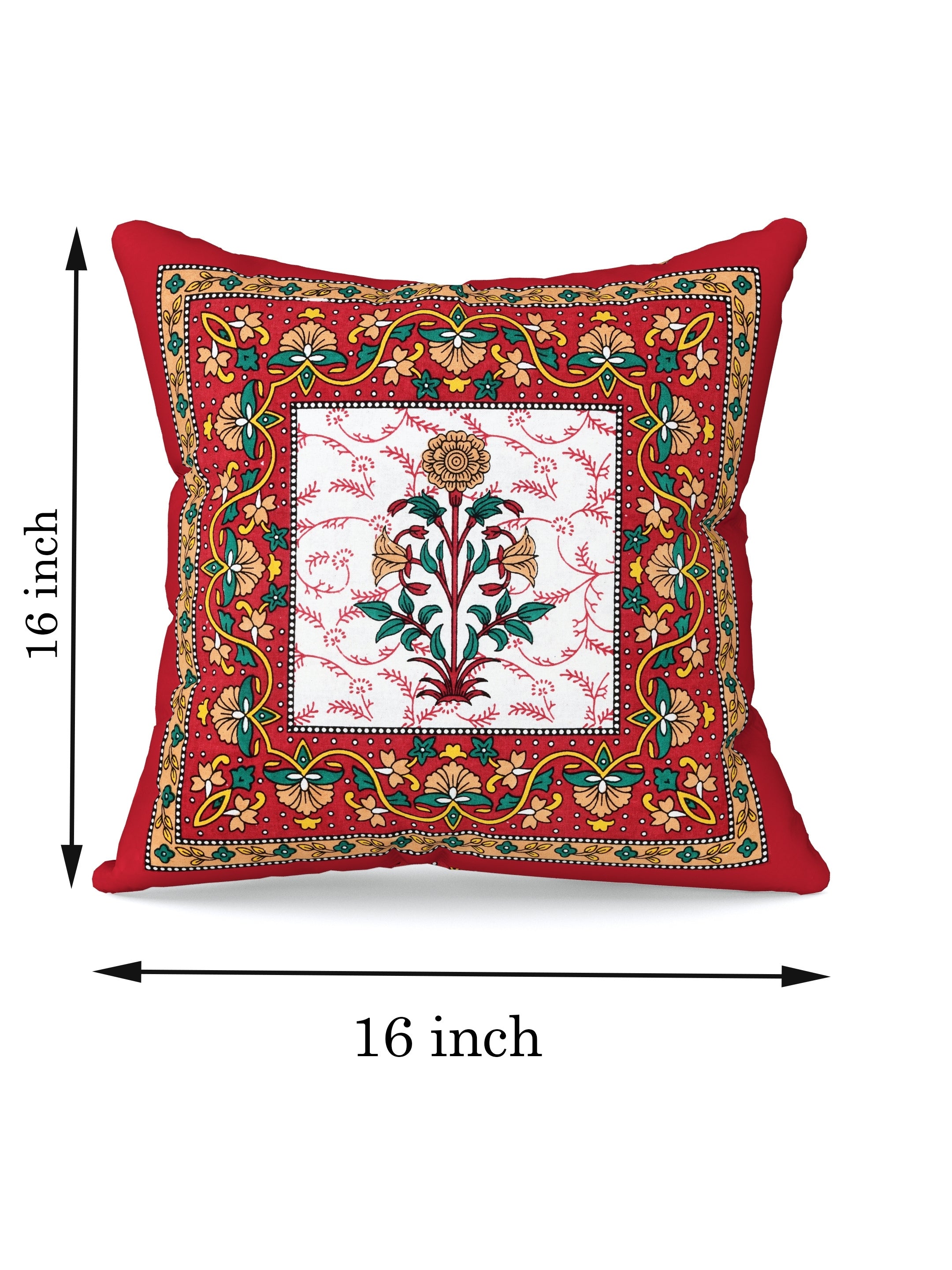 LIVING ROOTS Cotton Block Printed Cushion Covers – 5 Piece Set (Red) | Traditional Floral Motif Design | Decorative Sofa & Living Room Cushion Covers | 16x16 Inches (40-044-C)