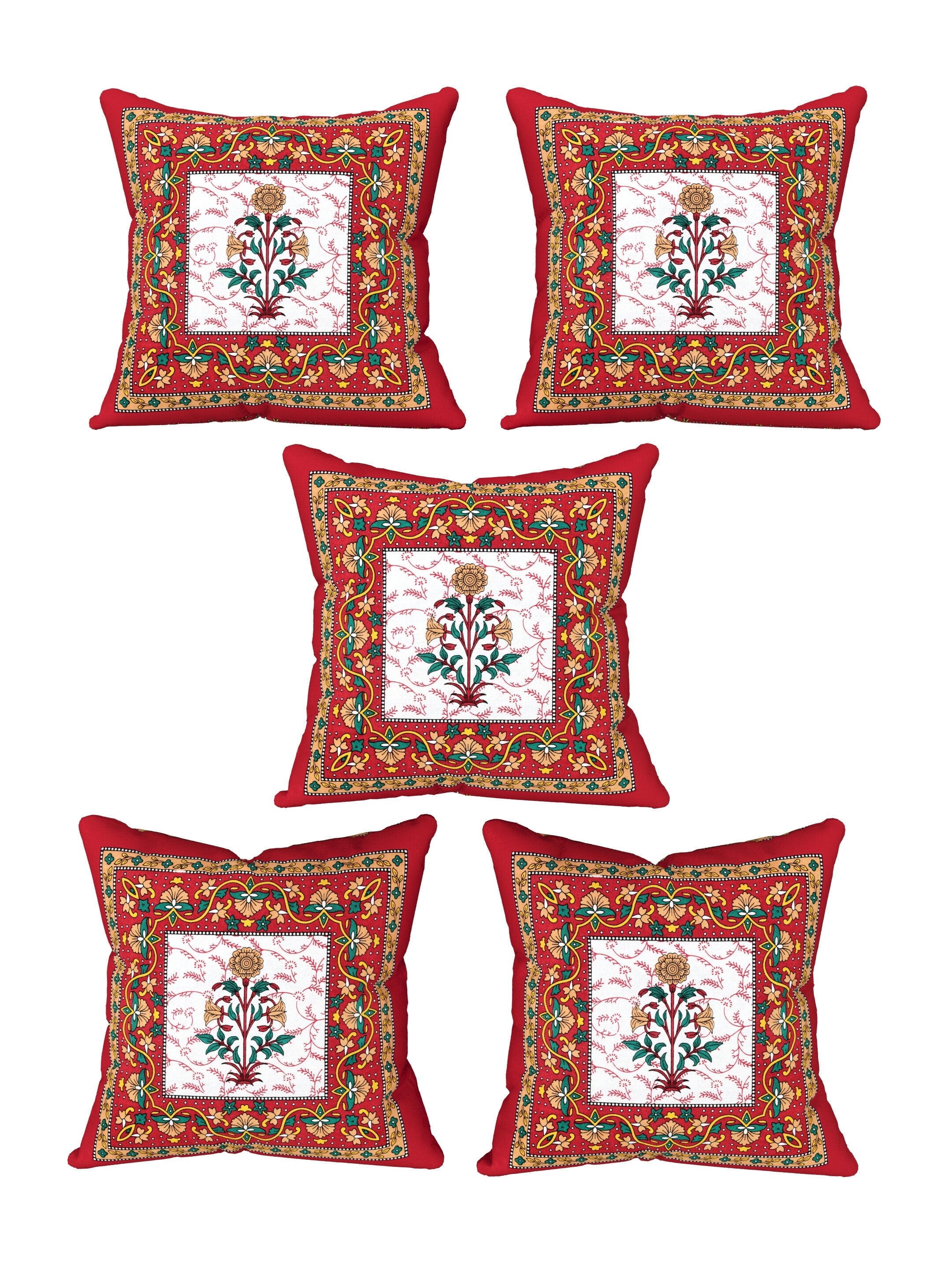 LIVING ROOTS Cotton Block Printed Cushion Covers – 5 Piece Set (Red) | Traditional Floral Motif Design | Decorative Sofa & Living Room Cushion Covers | 16x16 Inches (40-044-C)