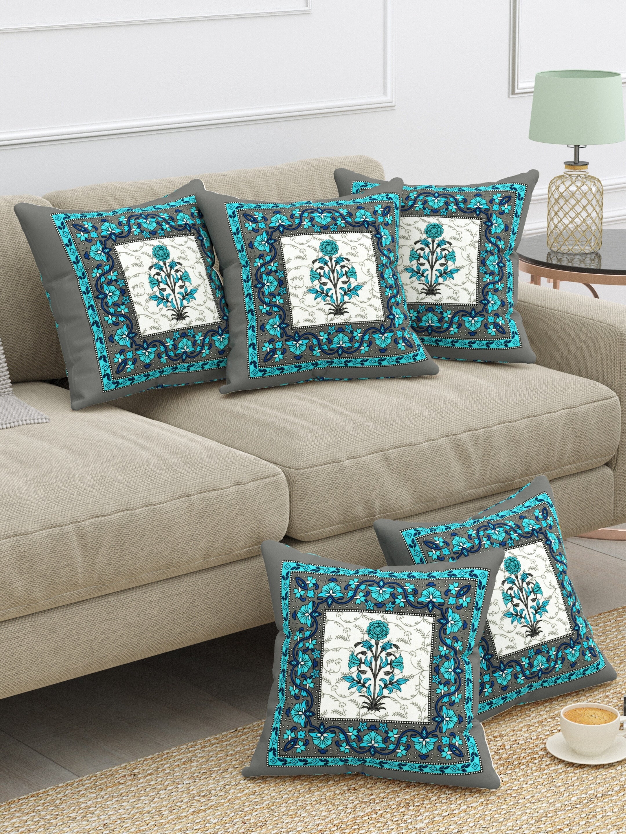 LIVING ROOTS Cotton Block Printed Cushion Covers – 5 Piece Set (Green) | Traditional Floral Motif Design | Decorative Sofa & Living Room Cushion Covers | 16x16 Inches (40-044-D)
