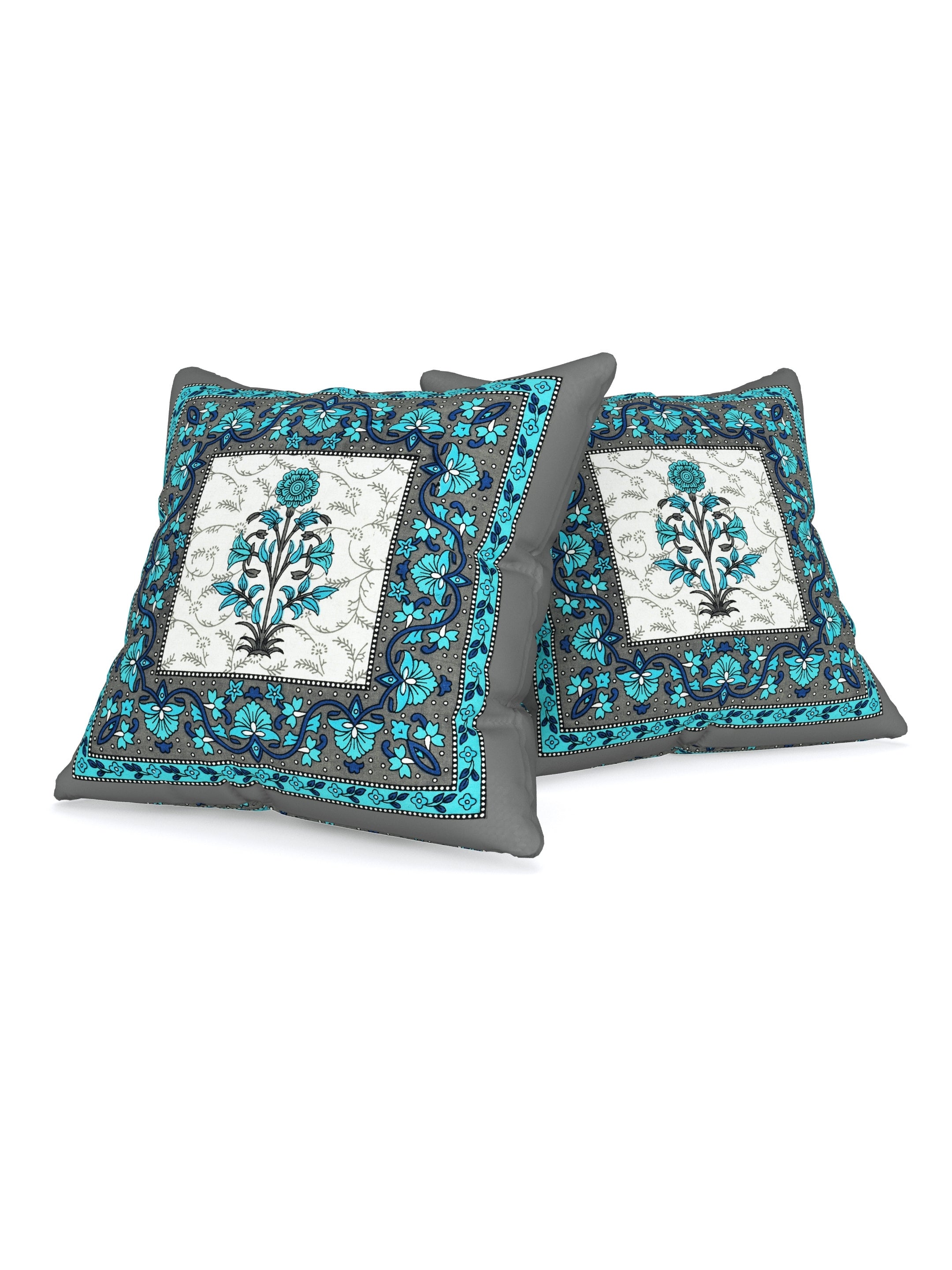LIVING ROOTS Cotton Block Printed Cushion Covers – 5 Piece Set (Green) | Traditional Floral Motif Design | Decorative Sofa & Living Room Cushion Covers | 16x16 Inches (40-044-D)