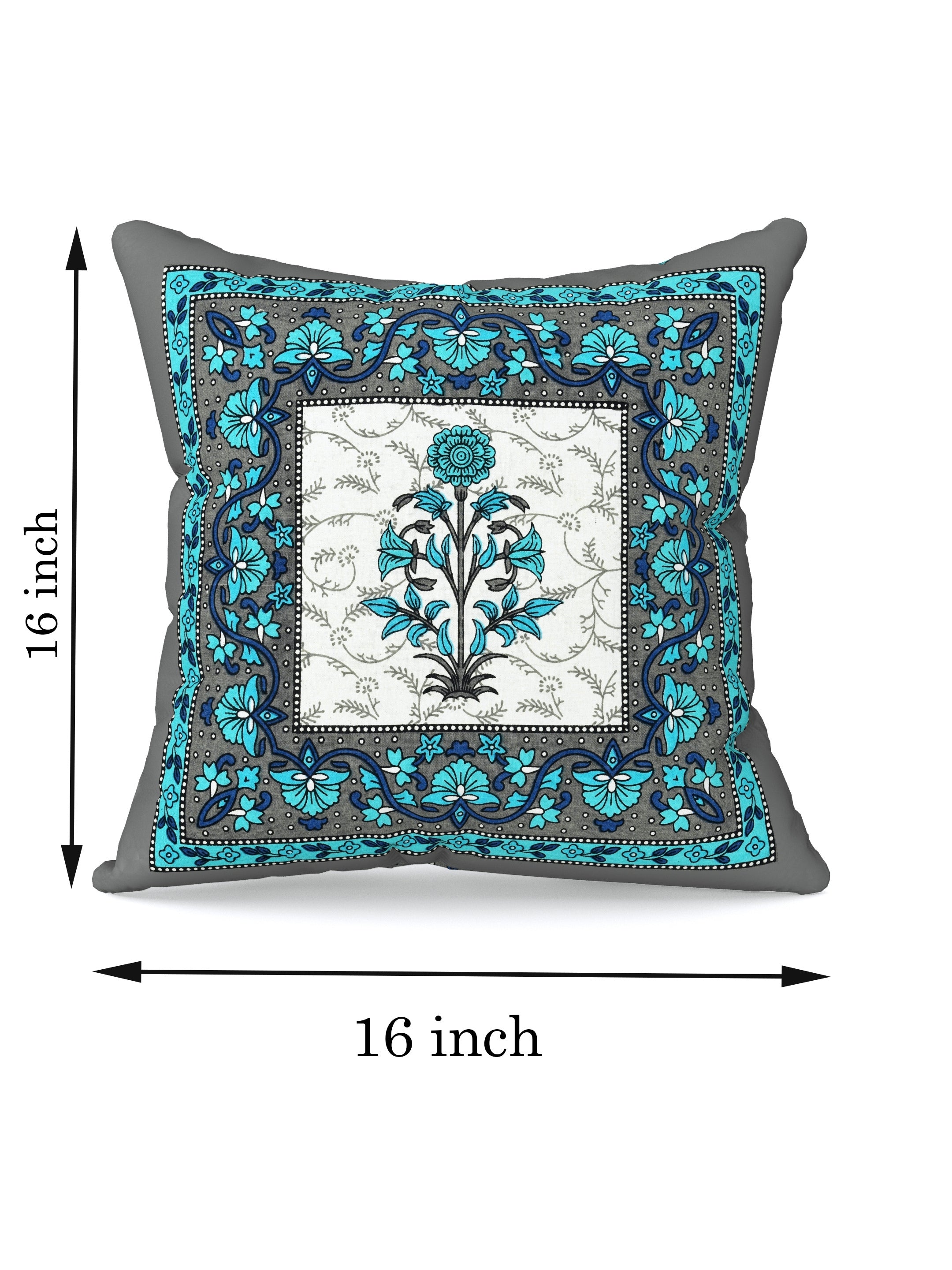LIVING ROOTS Cotton Block Printed Cushion Covers – 5 Piece Set (Green) | Traditional Floral Motif Design | Decorative Sofa & Living Room Cushion Covers | 16x16 Inches (40-044-D)