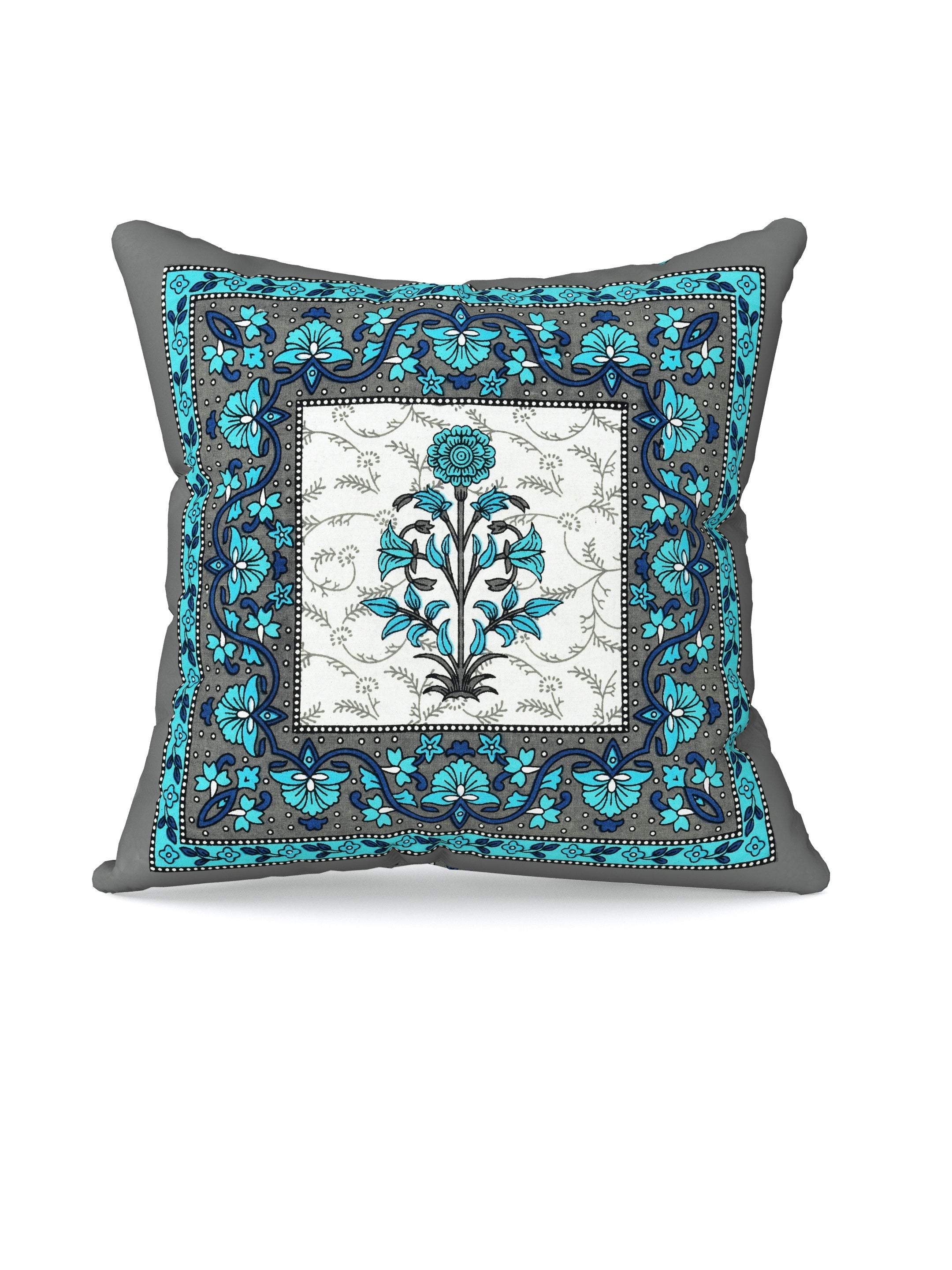 LIVING ROOTS Cotton Block Printed Cushion Covers – 5 Piece Set (Green) | Traditional Floral Motif Design | Decorative Sofa & Living Room Cushion Covers | 16x16 Inches (40-044-D)
