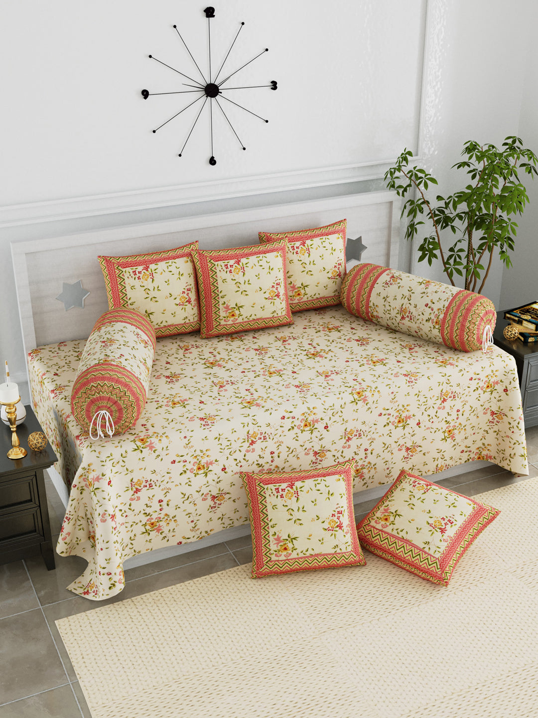 LIVING ROOTS Diwan Set Cotton 8 Piece Set Yellow Colour (41-004-B)