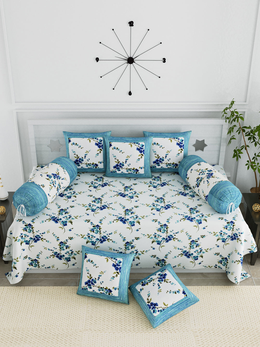 LIVING ROOTS Diwan Set Cotton 8 Piece Set Blue Colour (41-006-A)