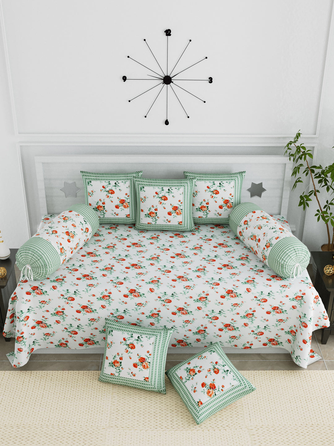 LIVING ROOTS Diwan Set Cotton 8 Piece Set Green Colour (41-007-A)