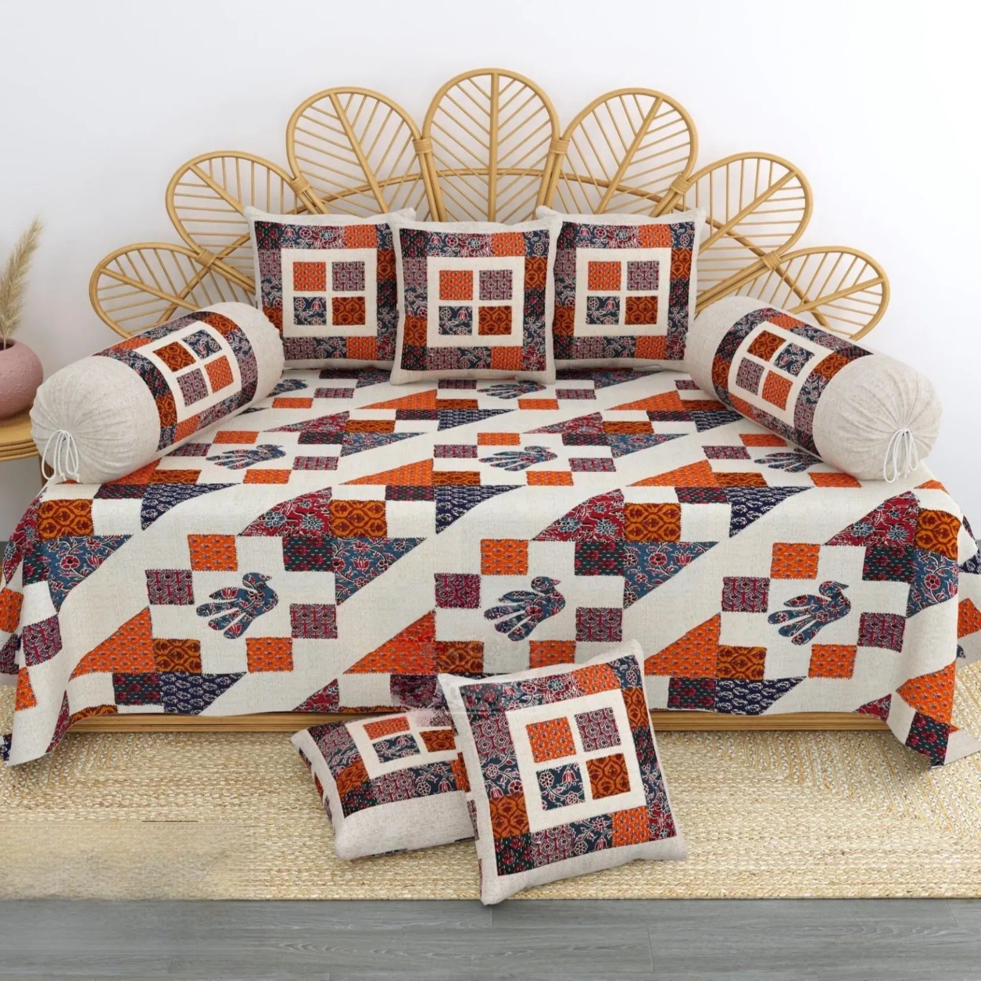 LIVING ROOTS 1 Queen Size Diwan Bedsheet 56*86 inch (4.5*7 Feet)| With (5 Cushion Covers + 2 Bolster Cover) | Pure Cotton | Rich Fast Colour With No Colour Bleeding | Soft, Breathable & Skin Friendly, Keeps Your Body Cool( 41-21-A)