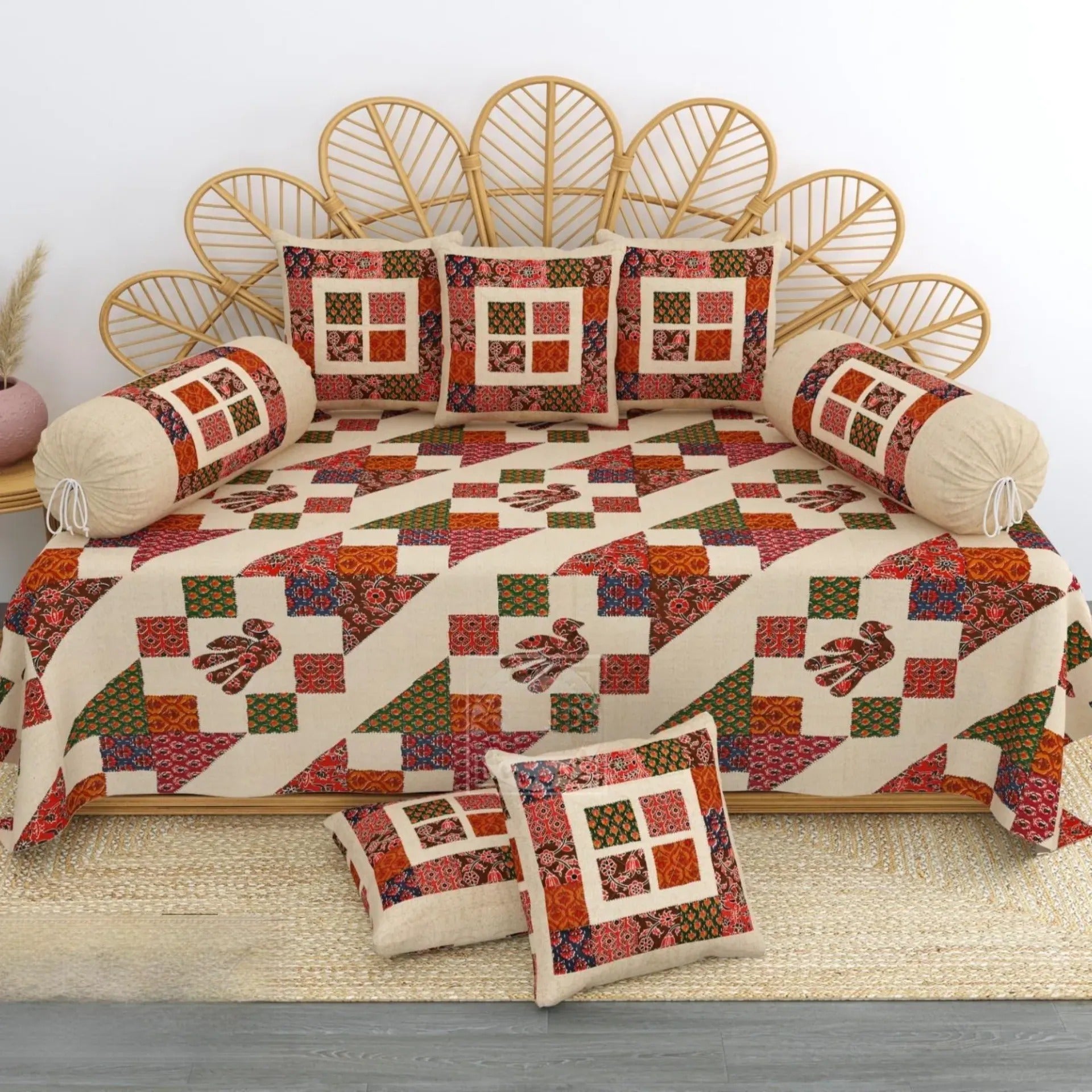 LIVING ROOTS 1 Queen Size Diwan Bedsheet 56*86 inch (4.5*7 Feet)| With (5 Cushion Covers + 2 Bolster Cover) | Pure Cotton | Rich Fast Colour With No Colour Bleeding | Soft, Breathable & Skin Friendly, Keeps Your Body Cool( 41-21-B)