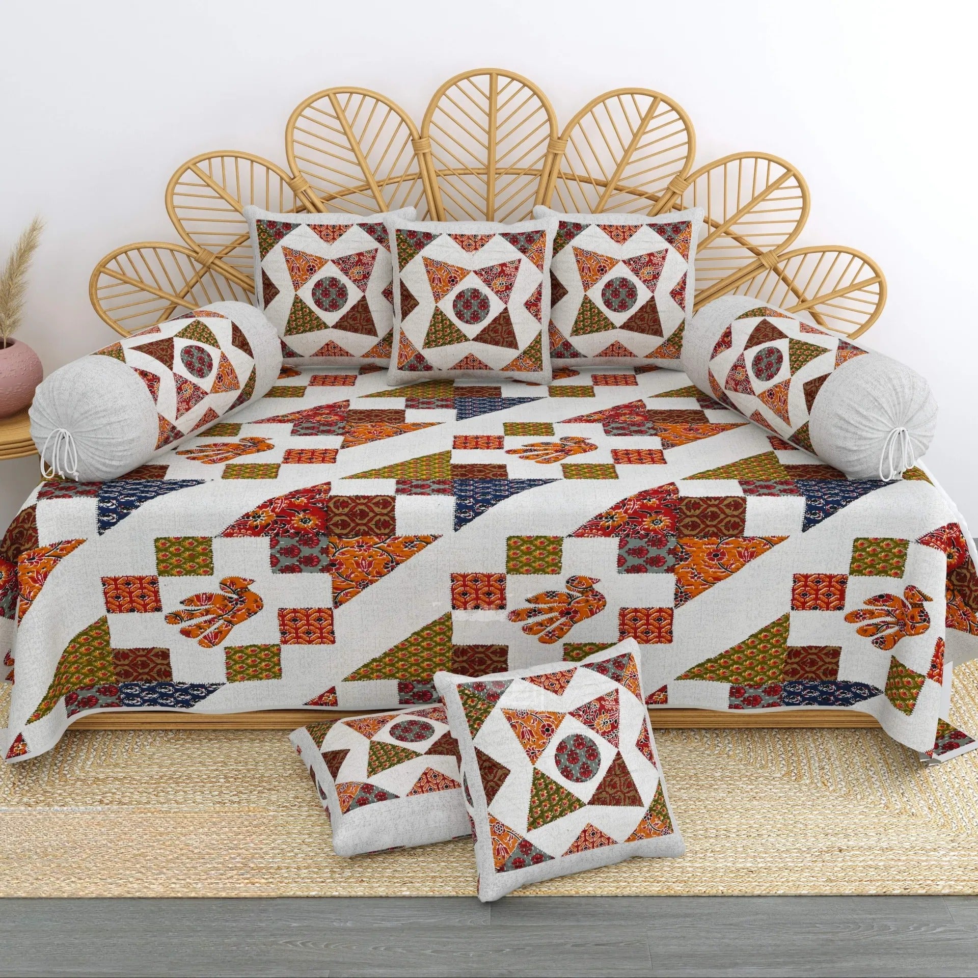 LIVING ROOTS 1 Queen Size Diwan Bedsheet 56*86 inch (4.5*7 Feet)| With (5 Cushion Covers + 2 Bolster Cover) | Pure Cotton | Rich Fast Colour With No Colour Bleeding | Soft, Breathable & Skin Friendly, Keeps Your Body Cool( 41-22-C)