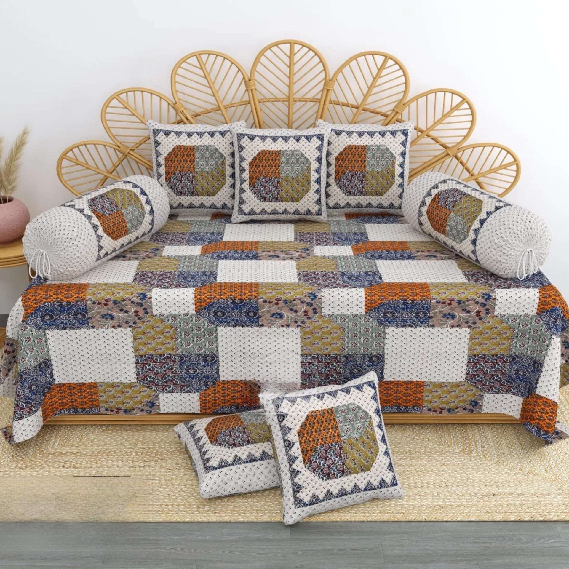 LIVING ROOTS 1 Queen Size Diwan Bedsheet 56*86 inch (4.5*7 Feet)| With (5 Cushion Covers + 2 Bolster Cover) | Pure Cotton | Rich Fast Colour With No Colour Bleeding | Soft, Breathable & Skin Friendly, Keeps Your Body Cool( 41-26-A)