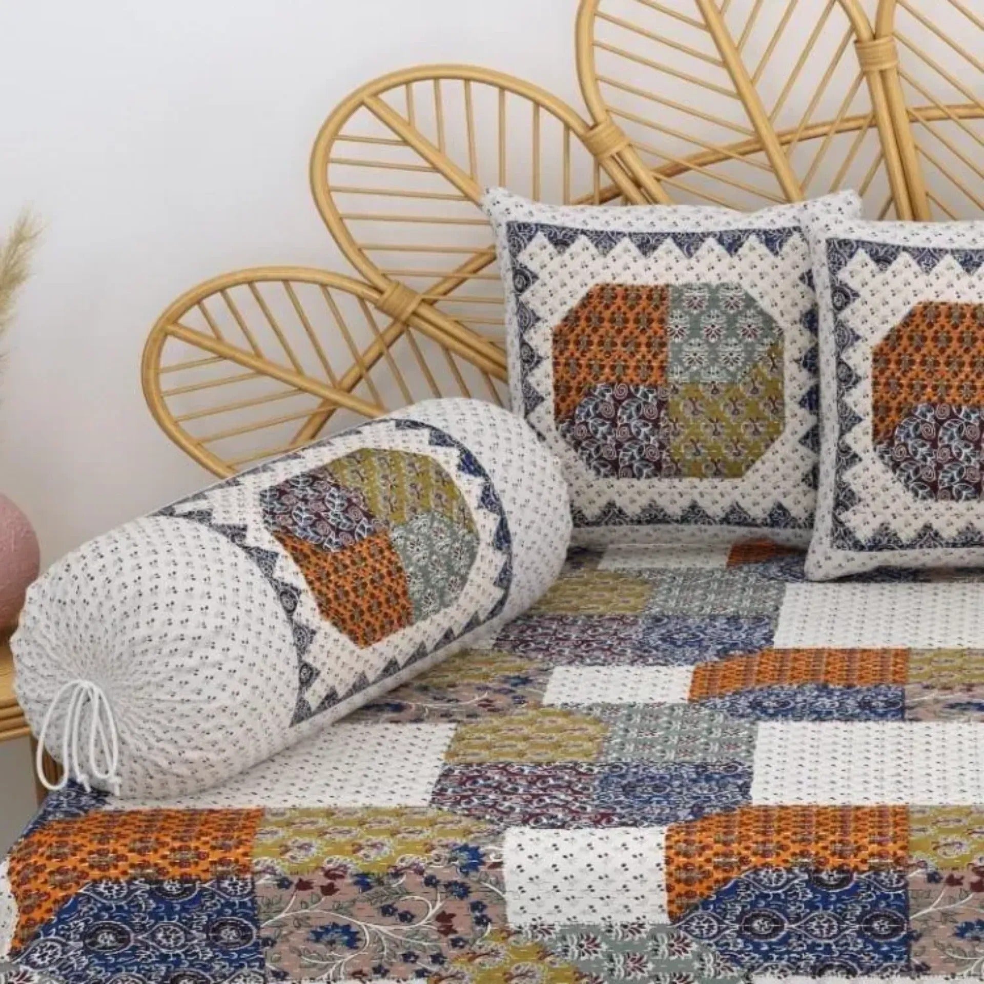 LIVING ROOTS 1 Queen Size Diwan Bedsheet 56*86 inch (4.5*7 Feet)| With (5 Cushion Covers + 2 Bolster Cover) | Pure Cotton | Rich Fast Colour With No Colour Bleeding | Soft, Breathable & Skin Friendly, Keeps Your Body Cool( 41-26-A)