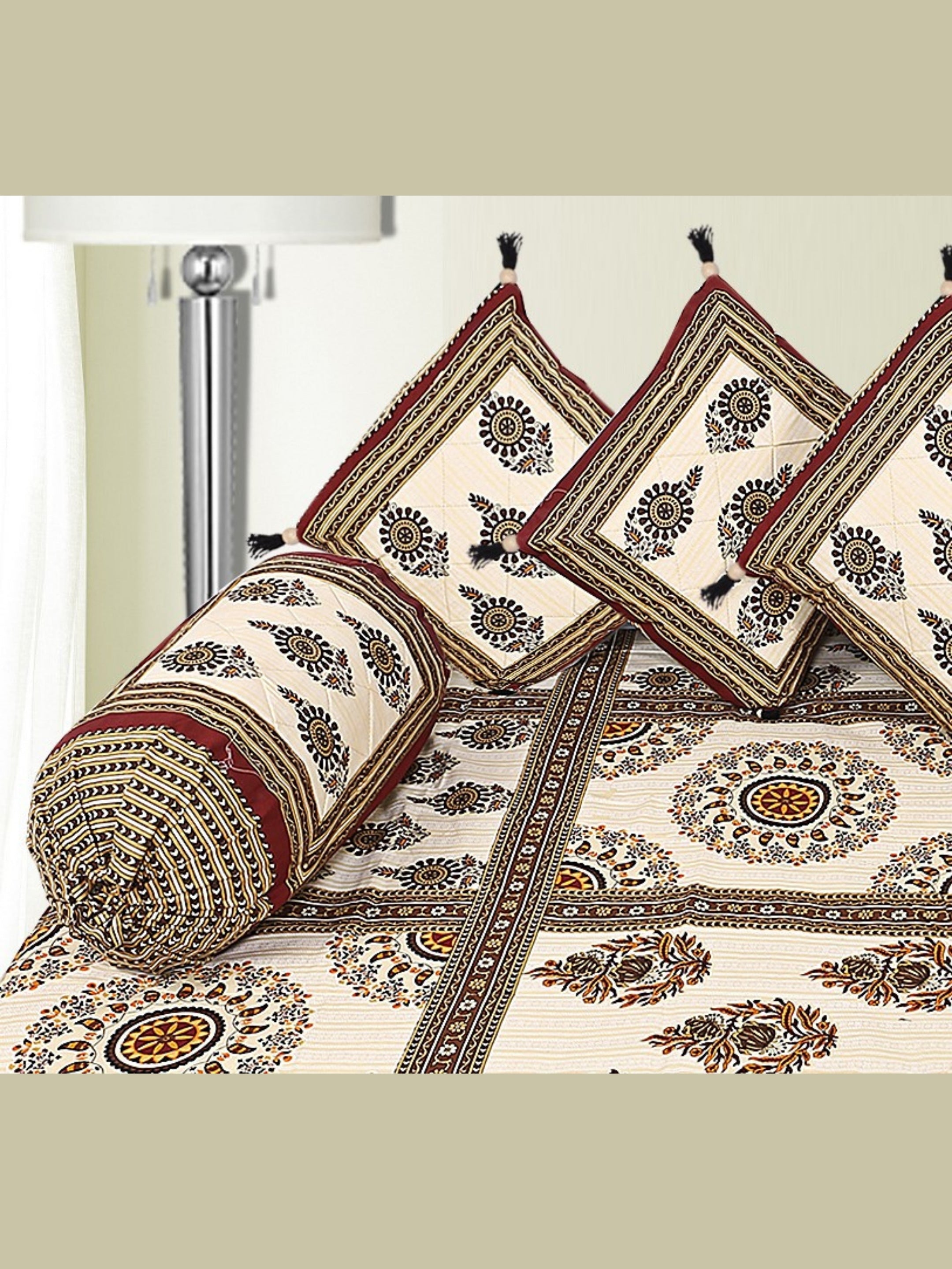 1 Queen Size Pure Cotton Diwan Bedsheet 56*86 inch (4.5*7 Feet)| With (5 Cushion Covers + 2 Bolster Cover) Diwan Set Of 8 Piece ( 41-035-A )