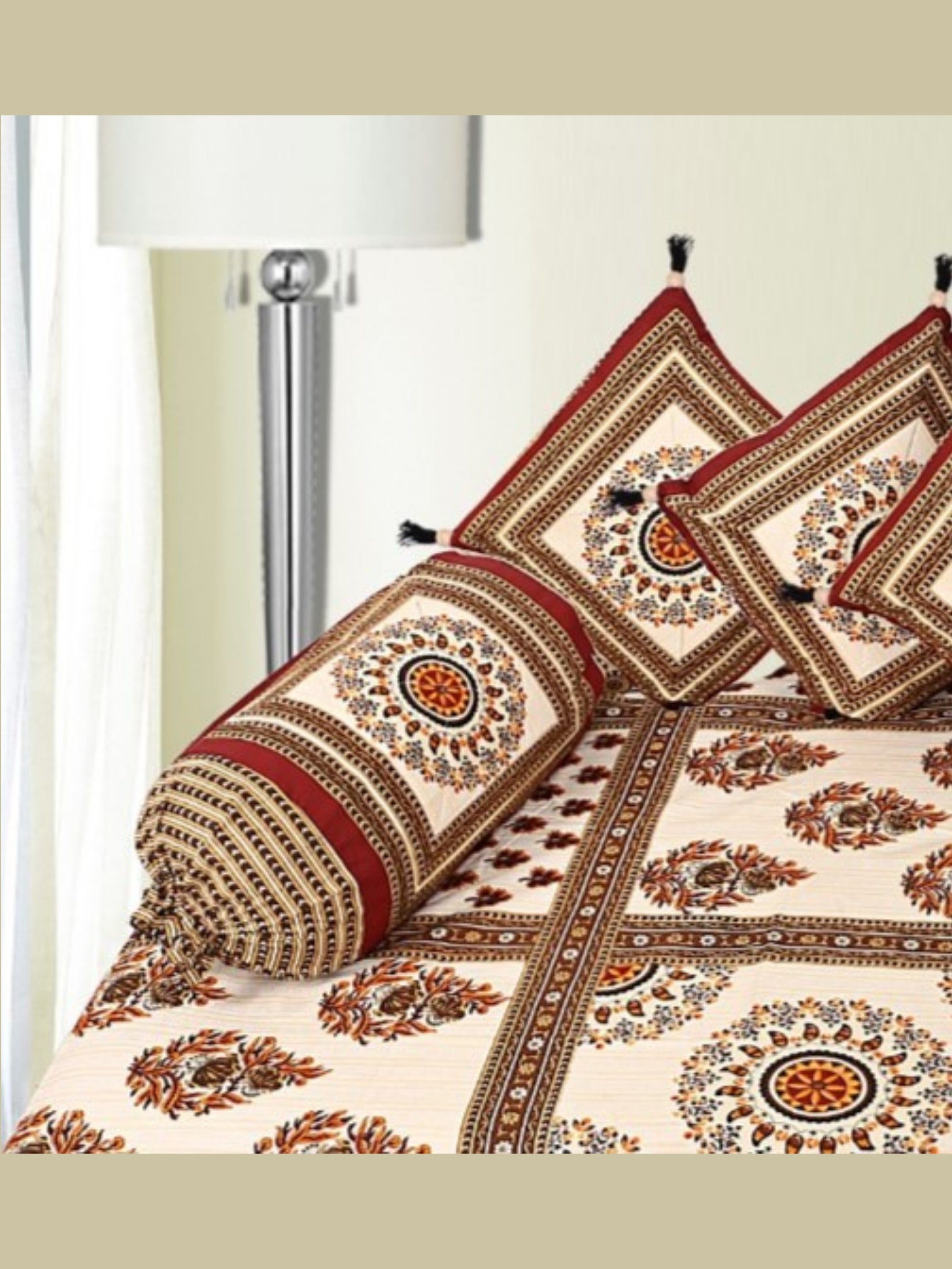 1 Queen Size Pure Cotton Diwan Bedsheet 56*86 inch (4.5*7 Feet)| With (5 Cushion Covers + 2 Bolster Cover) Diwan Set Of 8 Piece ( 41-036-A )