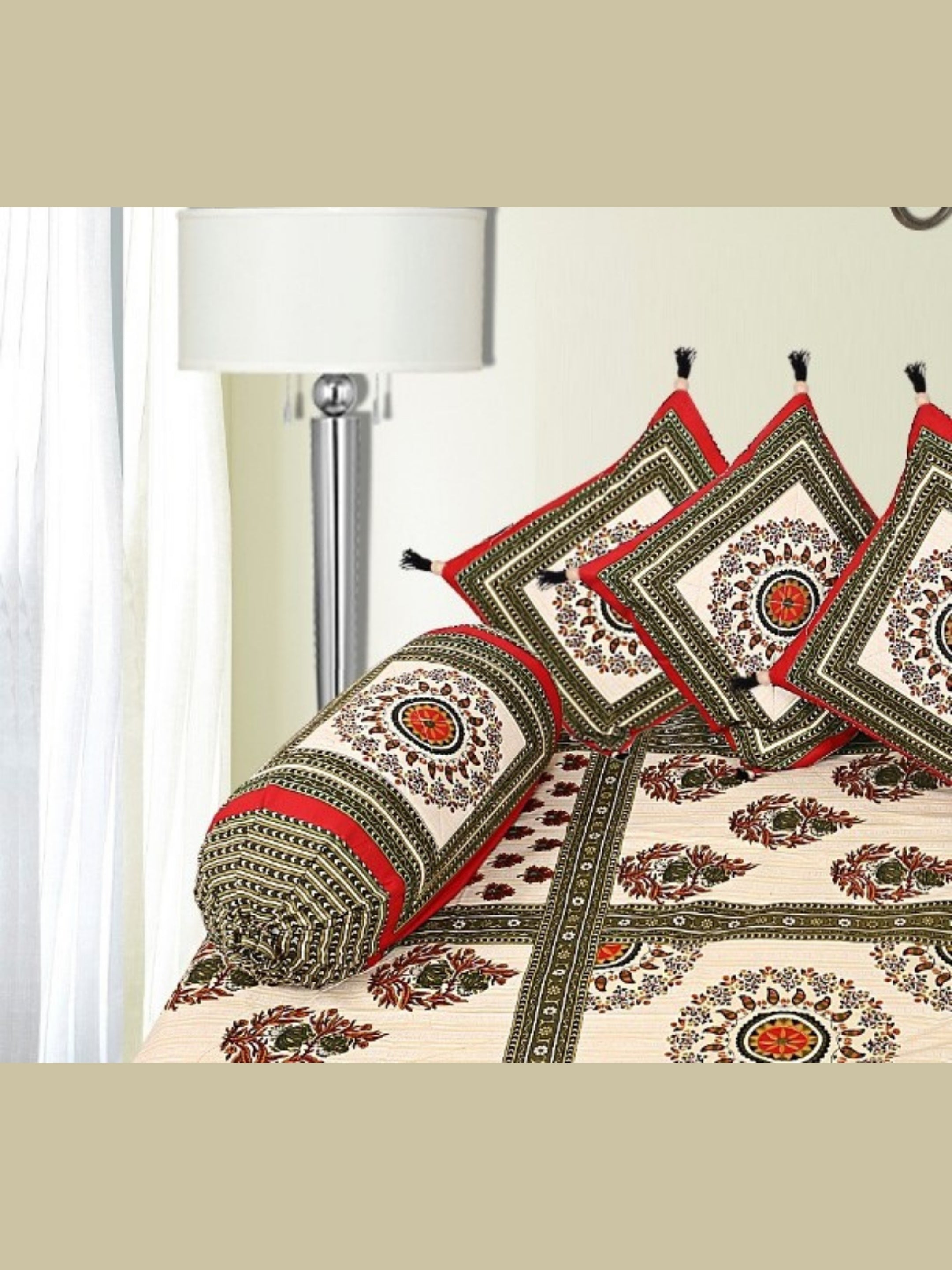 LIVING ROOTS 1 Queen Size Pure Cotton Diwan Bedsheet 56*86 inch (4.5*7 Feet)| With (5 Cushion Covers + 2 Bolster Cover) Diwan Set Of 8 Piece ( 41-036-B )