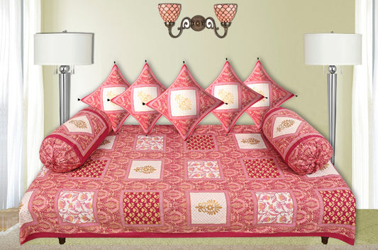 LIVING ROOTS 1 Queen Size Pure Cotton Diwan Bedsheet 56*86 inch (4.5*7 Feet)| With (5 Cushion Covers + 2 Bolster Cover) Diwan Set Of 8 Piece ( 41-037-A )