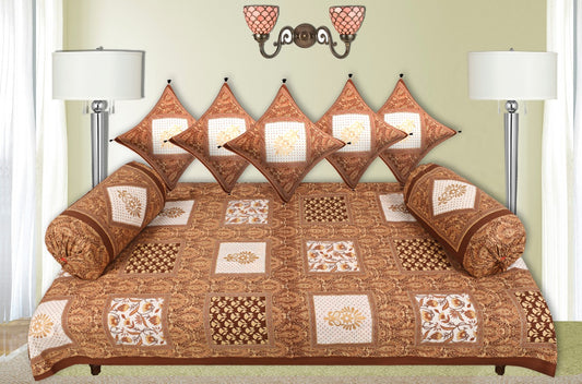 LIVING ROOTS 1 Queen Size Pure Cotton Diwan Bedsheet 56*86 inch (4.5*7 Feet)| With (5 Cushion Covers + 2 Bolster Cover) Diwan Set Of 8 Piece (41-037-B)