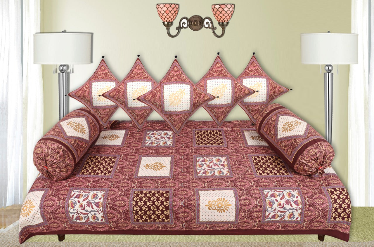 LIVING ROOTS 1 Queen Size Pure Cotton Diwan Bedsheet 56*86 inch (4.5*7 Feet)| With (5 Cushion Covers + 2 Bolster Cover) Diwan Set Of 8 Piece (41-037-C)