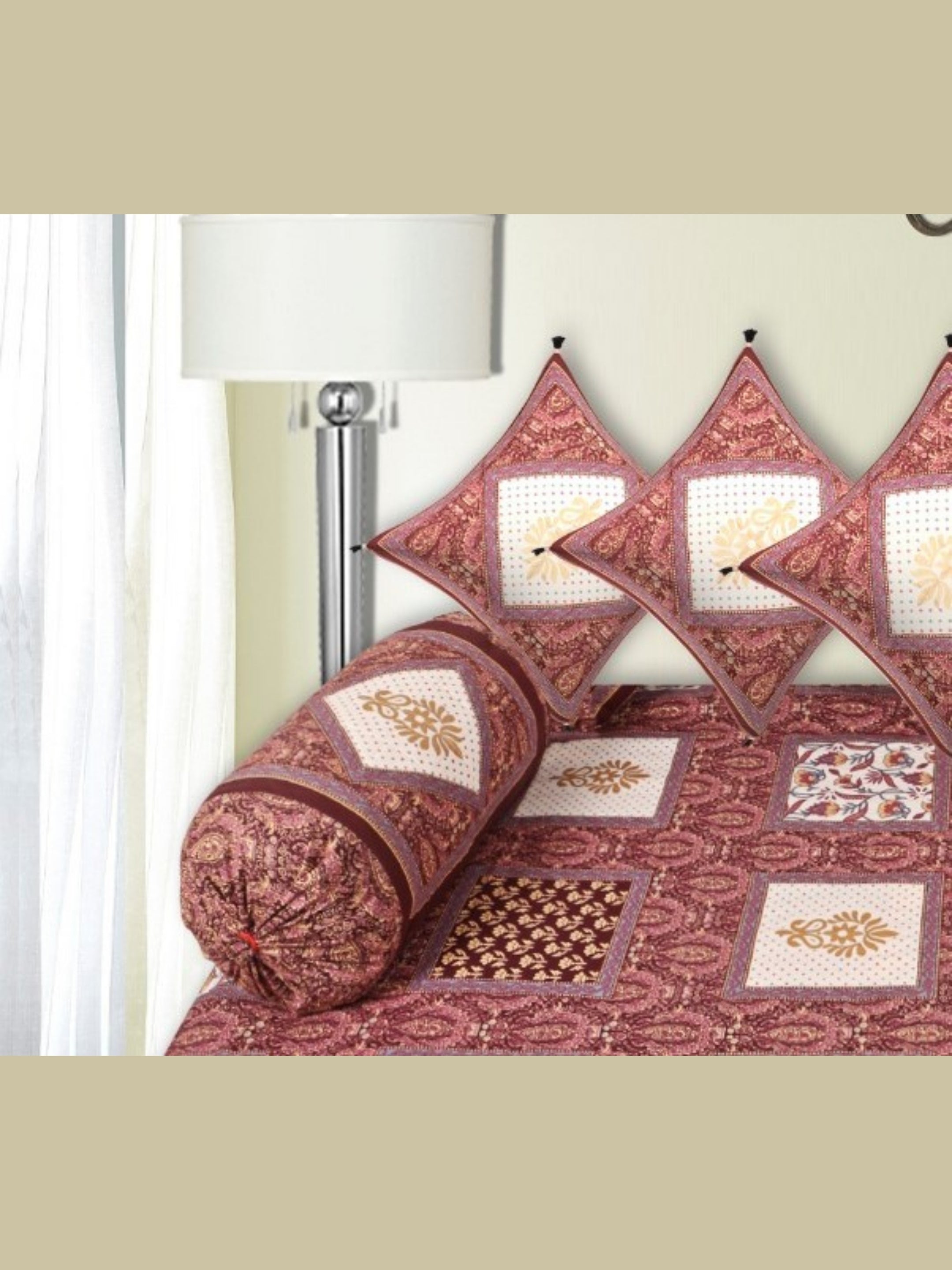 LIVING ROOTS 1 Queen Size Pure Cotton Diwan Bedsheet 56*86 inch (4.5*7 Feet)| With (5 Cushion Covers + 2 Bolster Cover) Diwan Set Of 8 Piece (41-037-C)