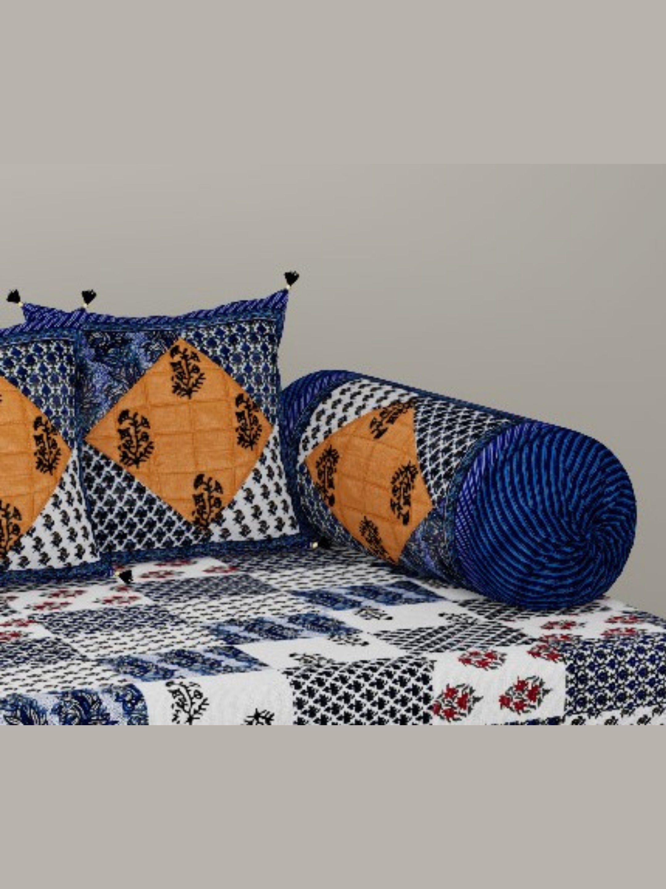 LIVING ROOTS 1 Queen Size Pure Cotton Diwan Bedsheet 56*86 inch (4.5*7 Feet)| With (5 Cushion Covers + 2 Bolster Cover) Diwan Set Of 8 Piece (41-038-B)