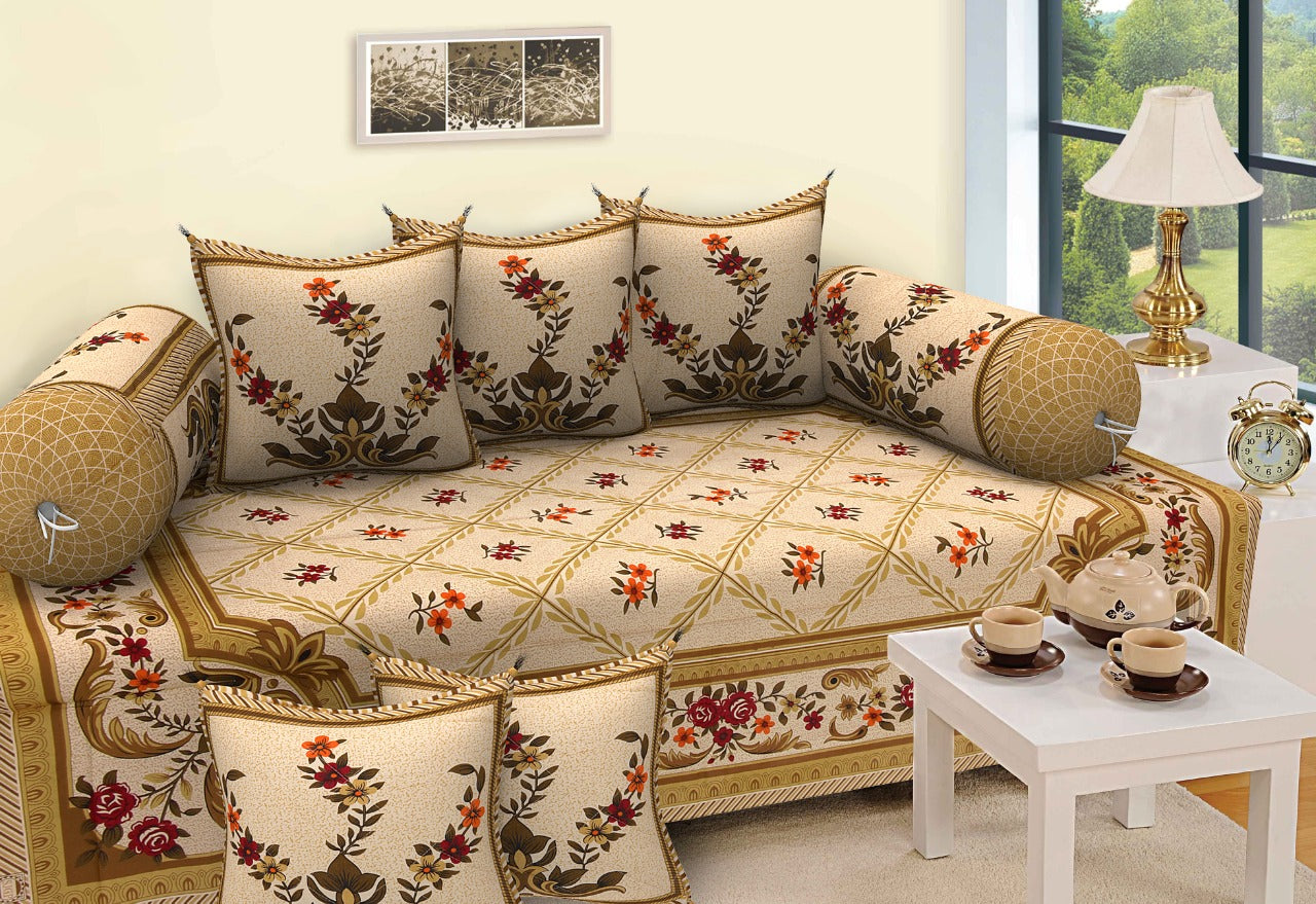 LIVING ROOTS 1 Queen Size Pure Cotton Diwan Bedsheet 56*86 inch (4.5*7 Feet)| With (5 Cushion Covers + 2 Bolster Cover) Diwan Set Of 8 Piece (41-039-A)