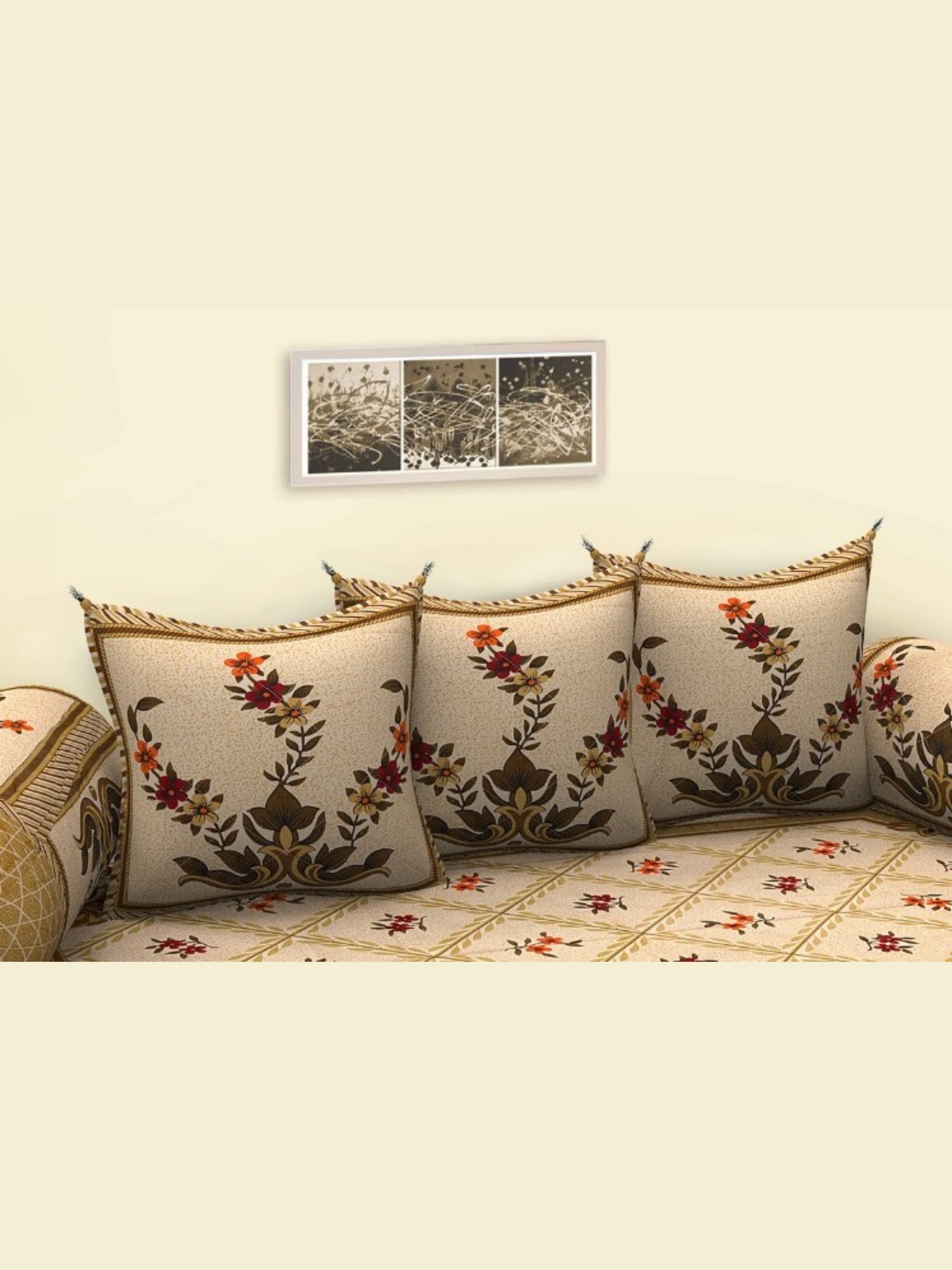 LIVING ROOTS 1 Queen Size Pure Cotton Diwan Bedsheet 56*86 inch (4.5*7 Feet)| With (5 Cushion Covers + 2 Bolster Cover) Diwan Set Of 8 Piece (41-039-A)