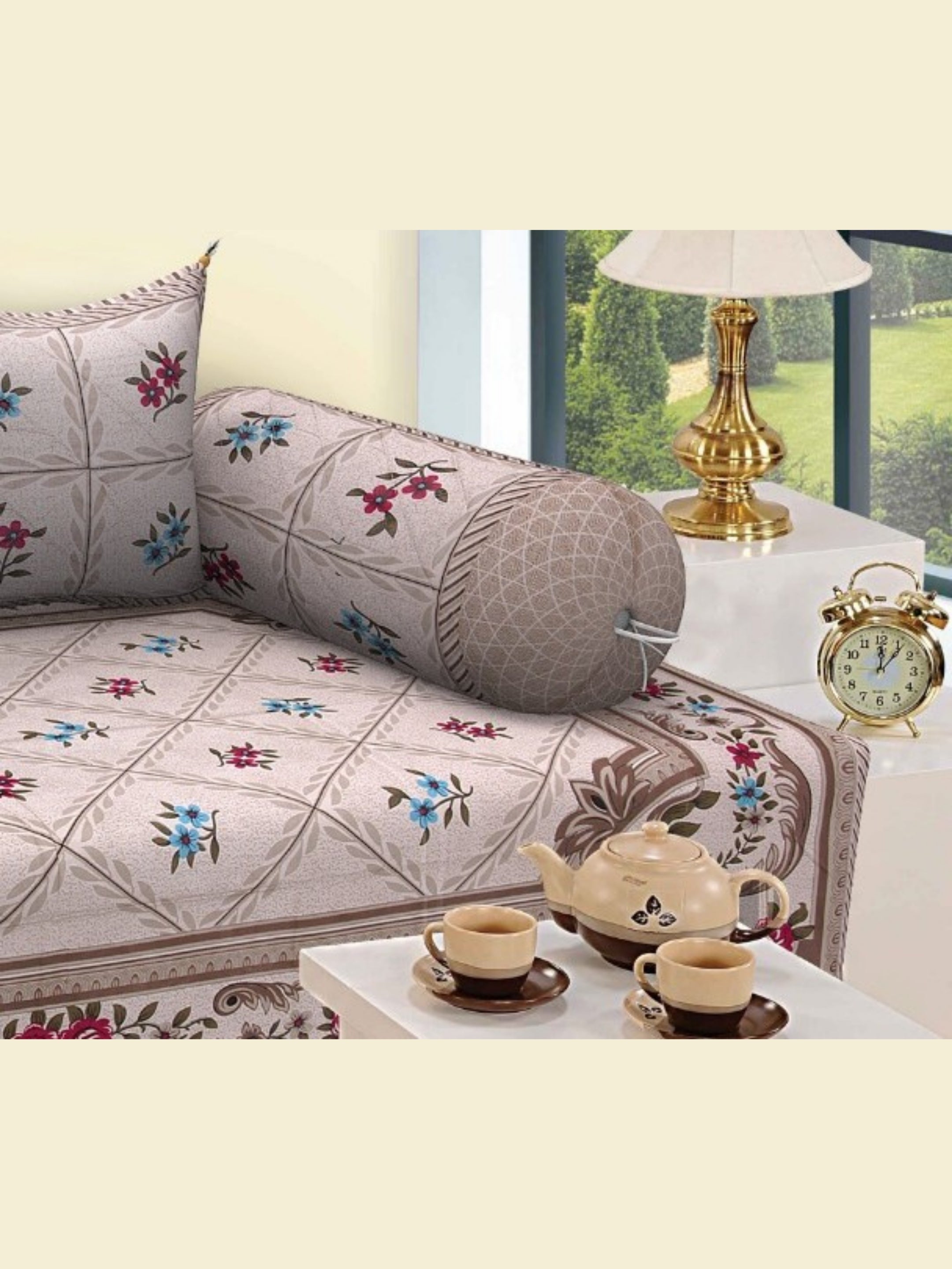 LIVING ROOTS 1 Queen Size Pure Cotton Diwan Bedsheet 56*86 inch (4.5*7 Feet)| With (5 Cushion Covers + 2 Bolster Cover) Diwan Set Of 8 Piece (41-040-A)