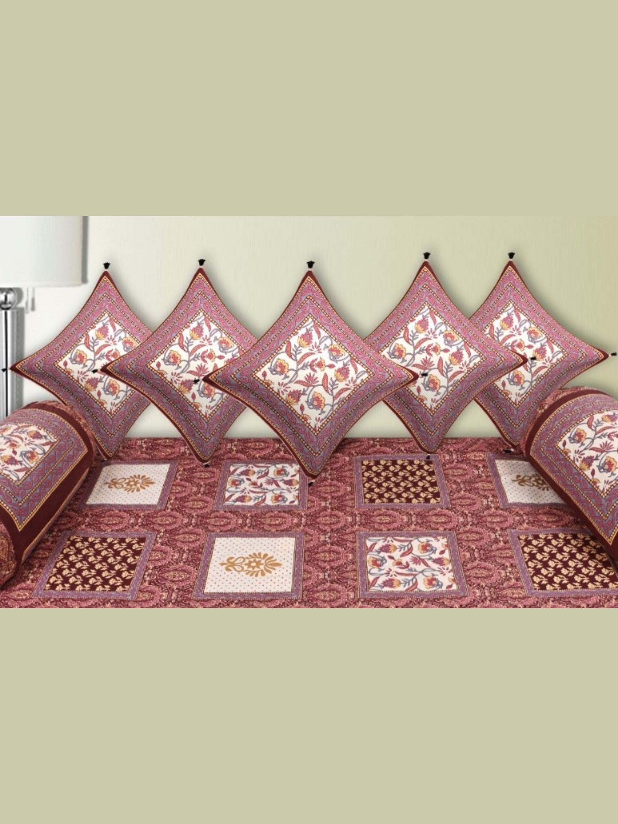 LIVING ROOTS 1 Queen Size Pure Cotton Diwan Bedsheet 56*86 inch (4.5*7 Feet)| With (5 Cushion Covers + 2 Bolster Cover) Diwan Set Of 8 Piece (41-041-B)