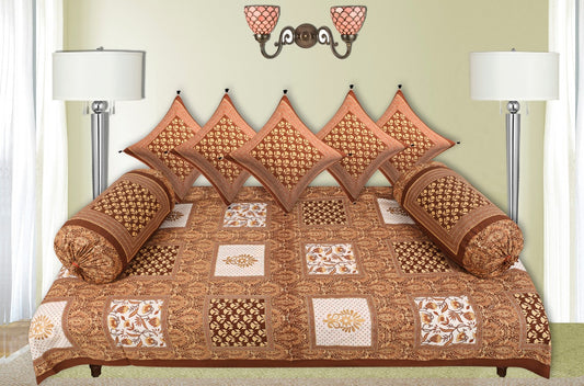 LIVING ROOTS 1 Queen Size Pure Cotton Diwan Bedsheet 56*86 inch (4.5*7 Feet)| With (5 Cushion Covers + 2 Bolster Cover) Diwan Set Of 8 Piece (41-042-A)