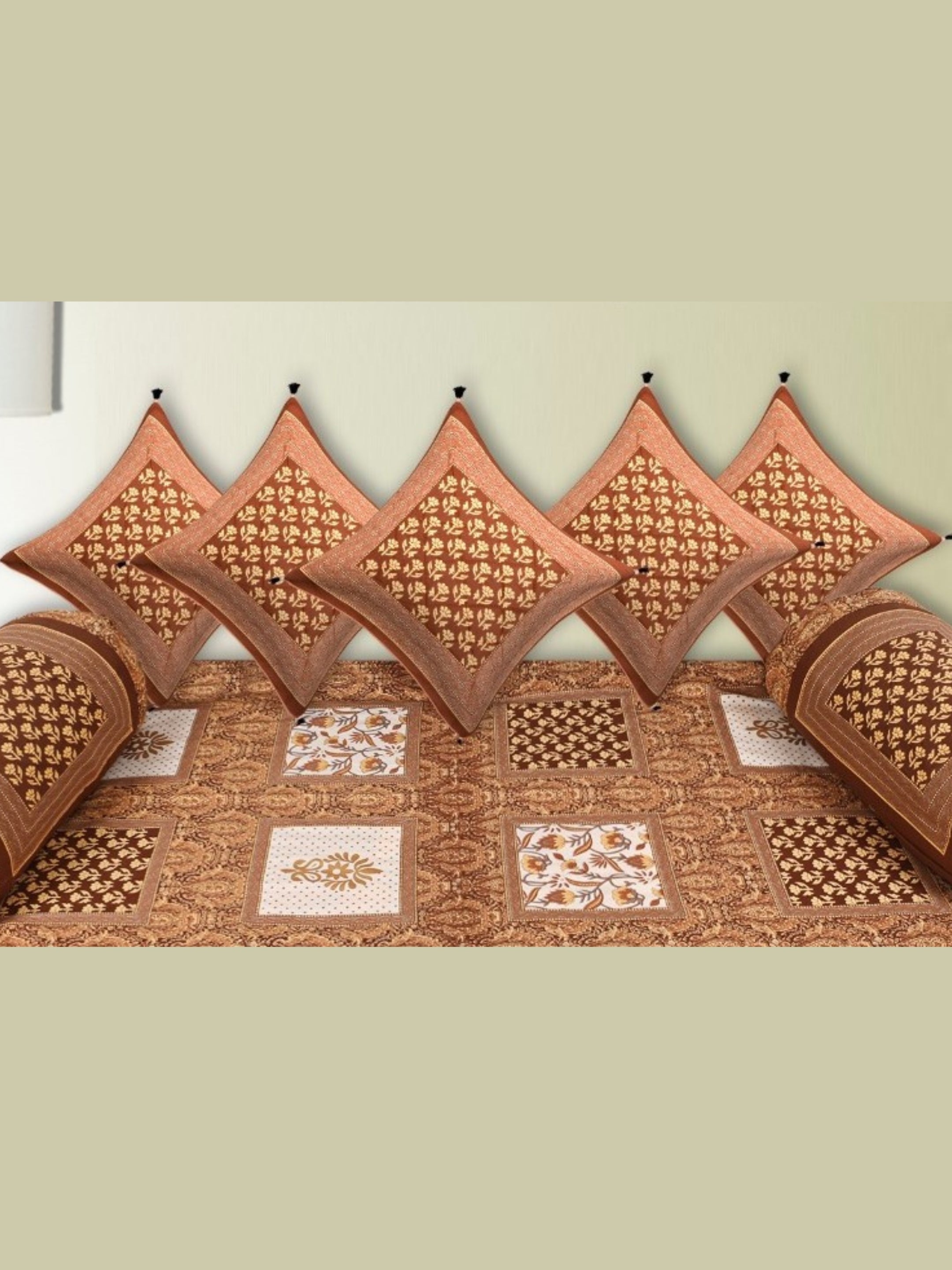 LIVING ROOTS 1 Queen Size Pure Cotton Diwan Bedsheet 56*86 inch (4.5*7 Feet)| With (5 Cushion Covers + 2 Bolster Cover) Diwan Set Of 8 Piece (41-042-A)