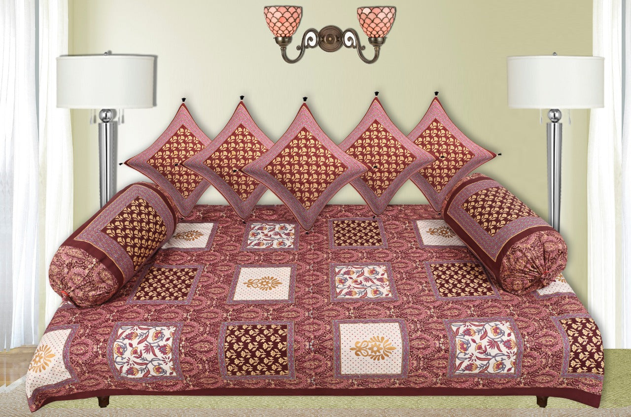 LIVING ROOTS 1 Queen Size Pure Cotton Diwan Bedsheet 56*86 inch (4.5*7 Feet)| With (5 Cushion Covers + 2 Bolster Cover) Diwan Set Of 8 Piece (41-042-B)