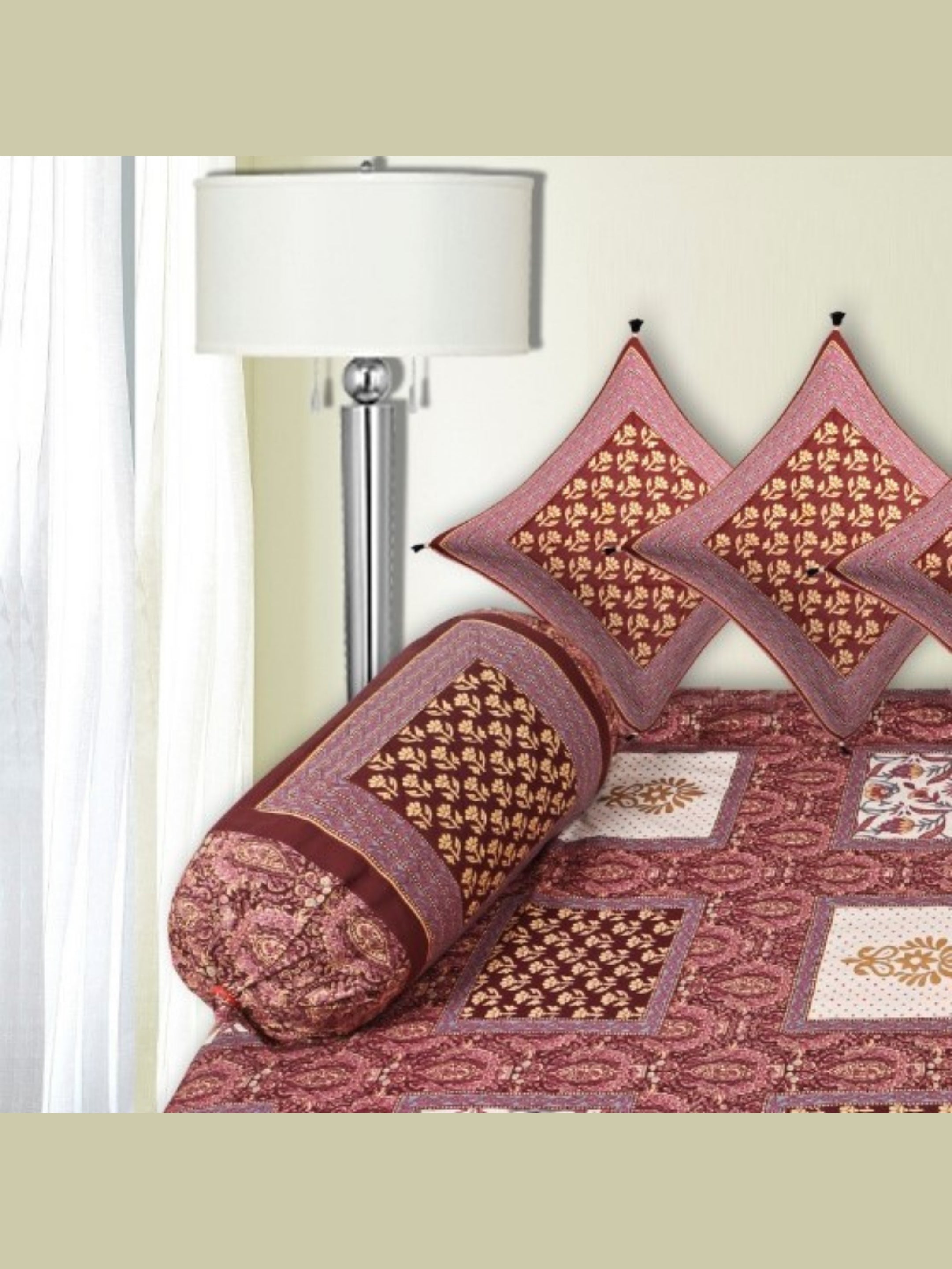 LIVING ROOTS 1 Queen Size Pure Cotton Diwan Bedsheet 56*86 inch (4.5*7 Feet)| With (5 Cushion Covers + 2 Bolster Cover) Diwan Set Of 8 Piece (41-042-B)