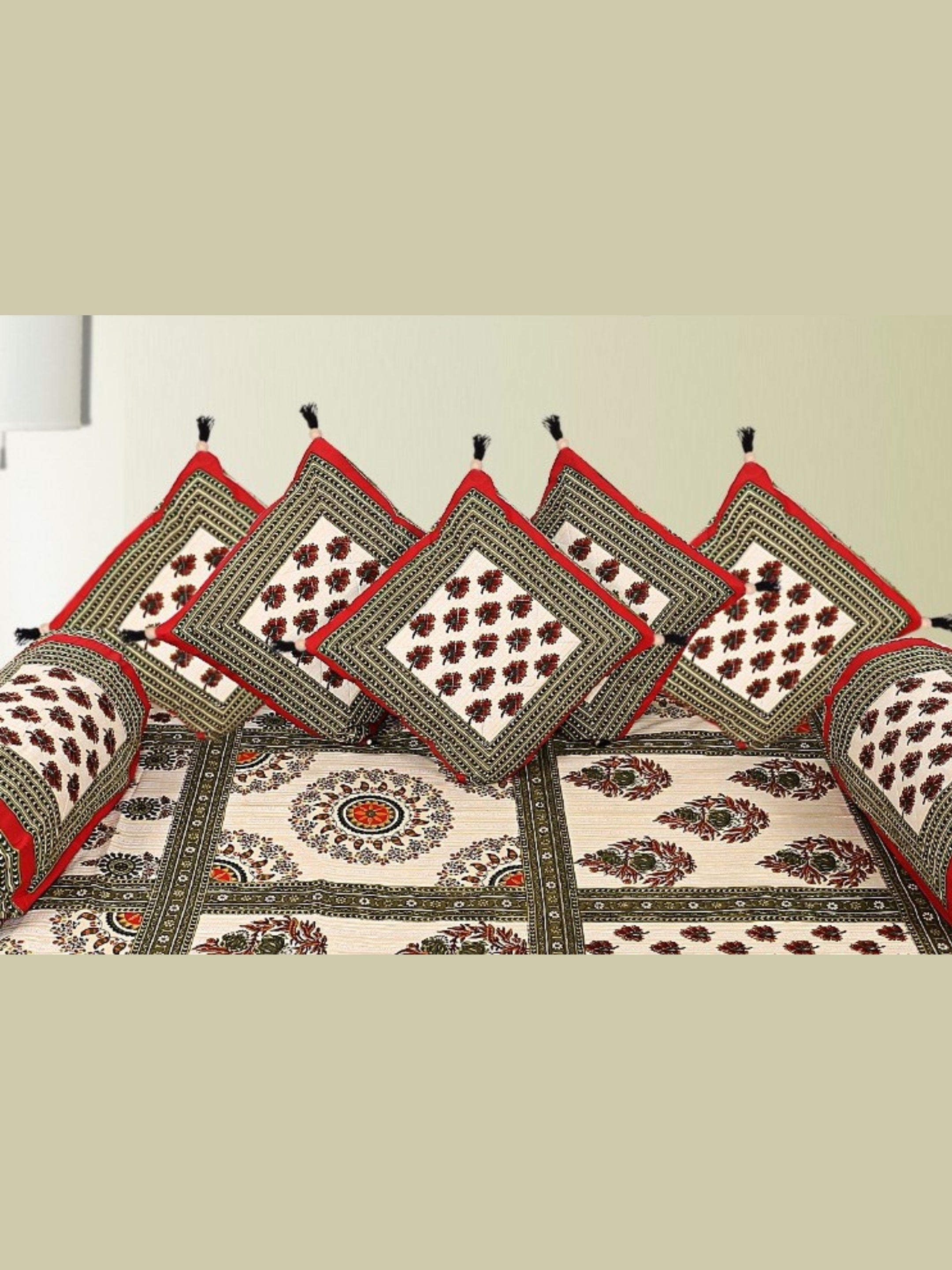 LIVING ROOTS 1 Queen Size Pure Cotton Diwan Bedsheet 56*86 inch (4.5*7 Feet)| With (5 Cushion Covers + 2 Bolster Cover) Diwan Set Of 8 Piece (41-043-A)