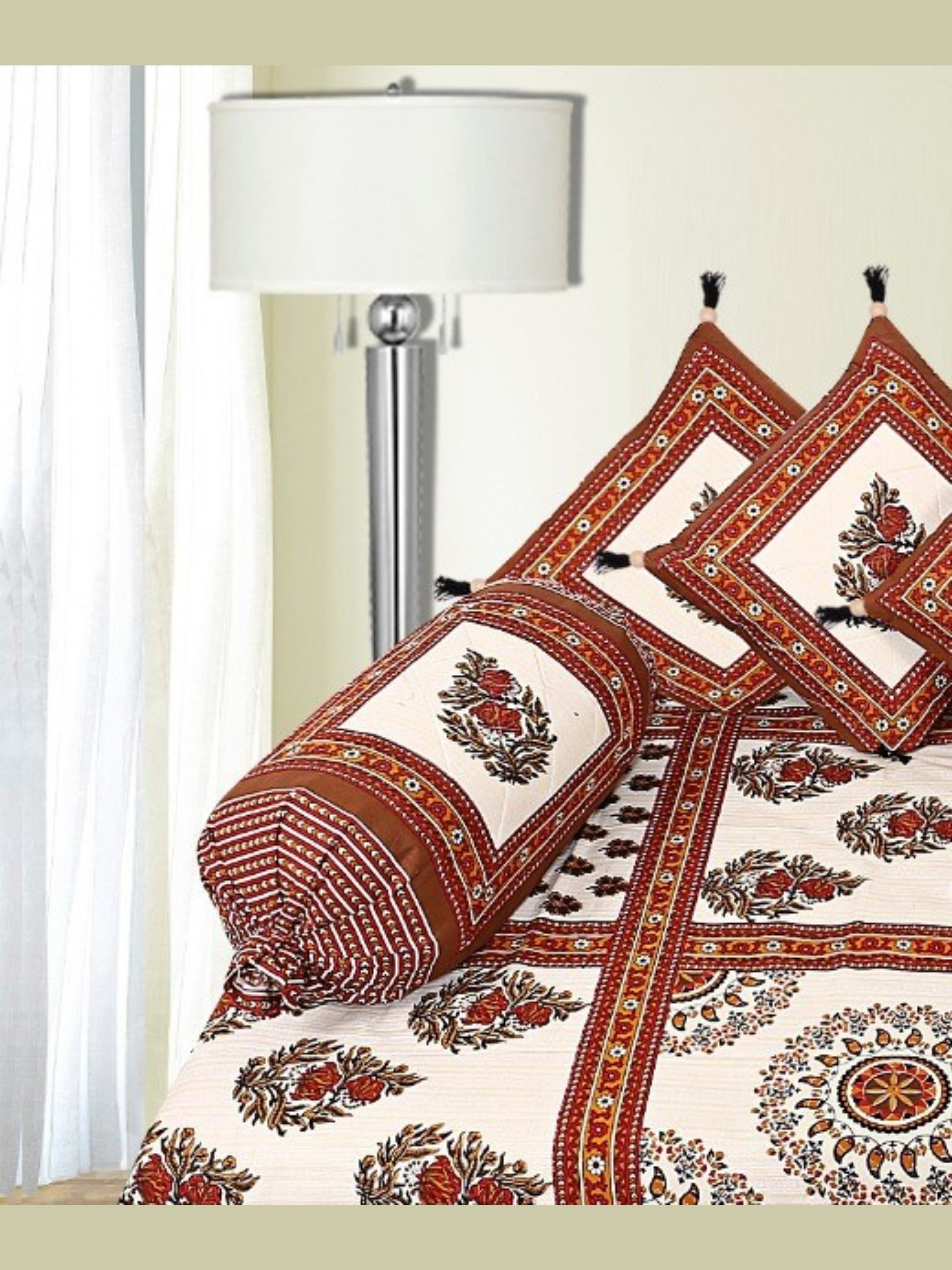LIVING ROOTS 1 Queen Size Pure Cotton Diwan Bedsheet 56*86 inch (4.5*7 Feet)| With (5 Cushion Covers + 2 Bolster Cover) Diwan Set Of 8 Piece (41-044-B)
