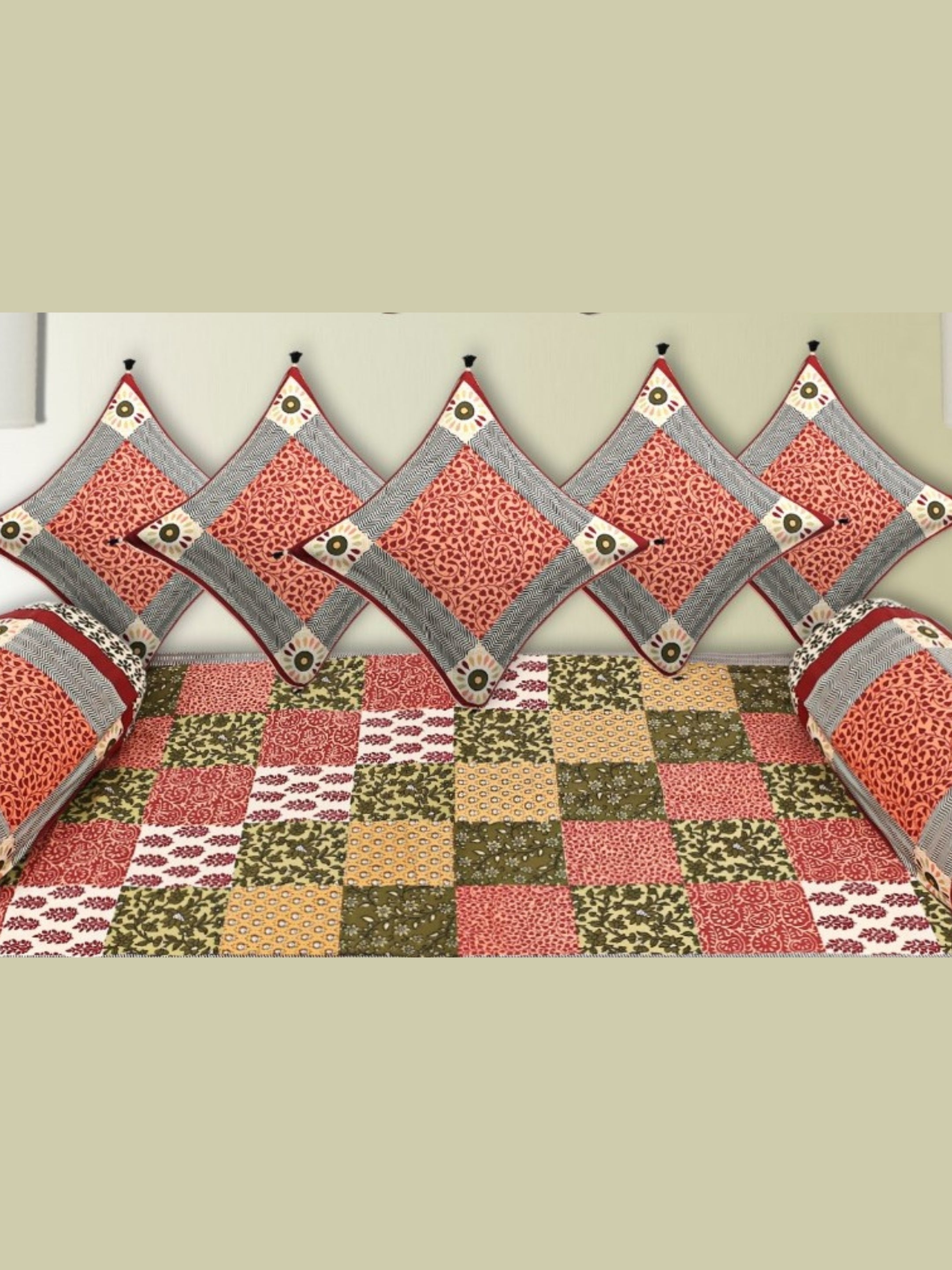LIVING ROOTS 1 Queen Size Pure Cotton Diwan Bedsheet 56*86 inch (4.5*7 Feet)| With (5 Cushion Covers + 2 Bolster Cover) Diwan Set Of 8 Piece (41-047-A)