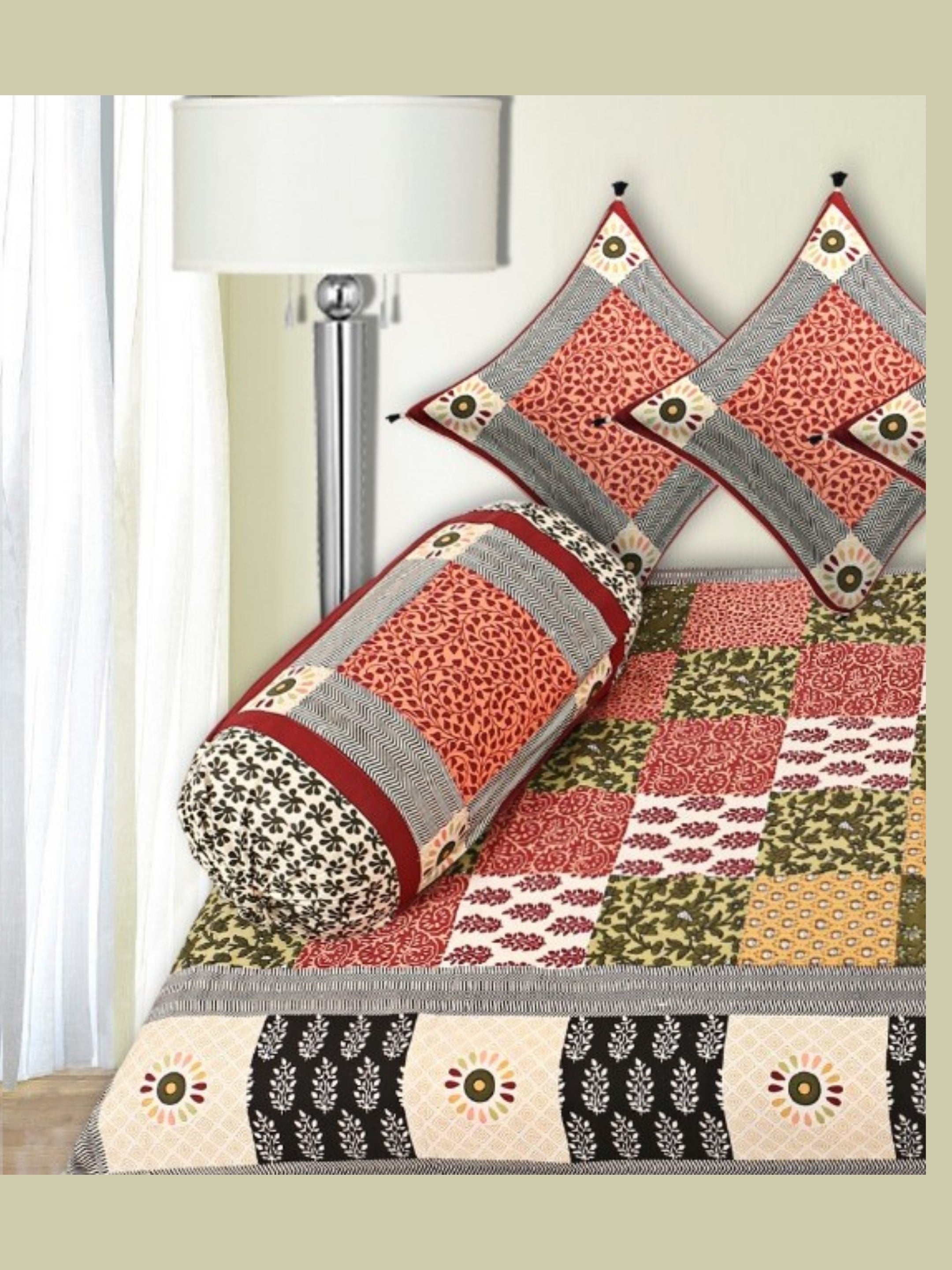LIVING ROOTS 1 Queen Size Pure Cotton Diwan Bedsheet 56*86 inch (4.5*7 Feet)| With (5 Cushion Covers + 2 Bolster Cover) Diwan Set Of 8 Piece (41-047-A)