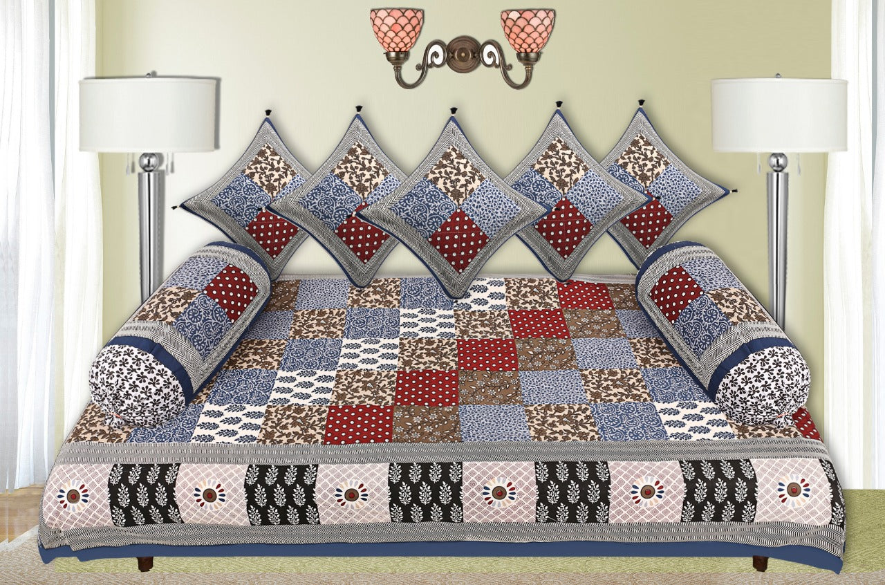 LIVING ROOTS 1 Queen Size Pure Cotton Diwan Bedsheet 56*86 inch (4.5*7 Feet)| With (5 Cushion Covers + 2 Bolster Cover) Diwan Set Of 8 Piece (41-050-C)