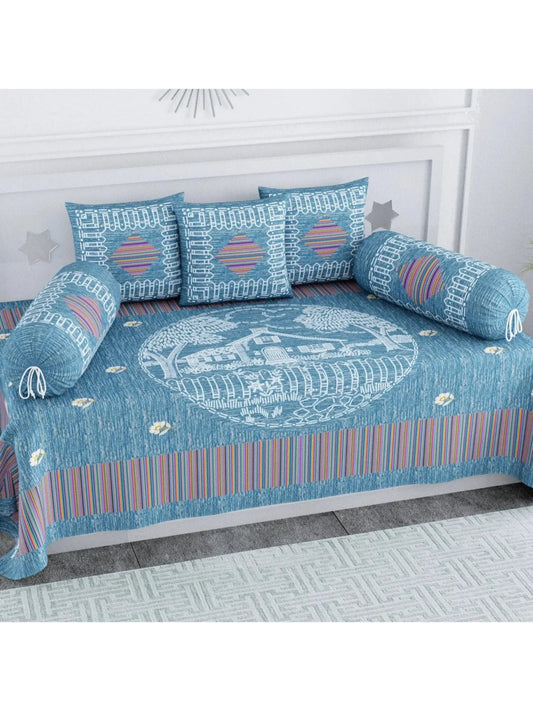 Single Size Block Print Diwan Set - Set of 8 - (1 Bedsheet + 5 Cushion Covers + 2 Bolster Cover) | 56*86 inch (4.5*7 Feet ) | Pure Cotton | Rich Fast Colour With No Colour Bleeding | (051-A)