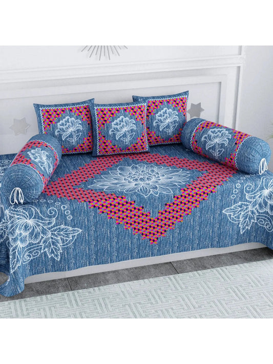 Single Size Block Print Diwan Set - Set of 8 - (1 Bedsheet + 5 Cushion Covers + 2 Bolster Cover) | 56*86 inch (4.5*7 Feet ) | Pure Cotton | Rich Fast Colour With No Colour Bleeding | (059-C)