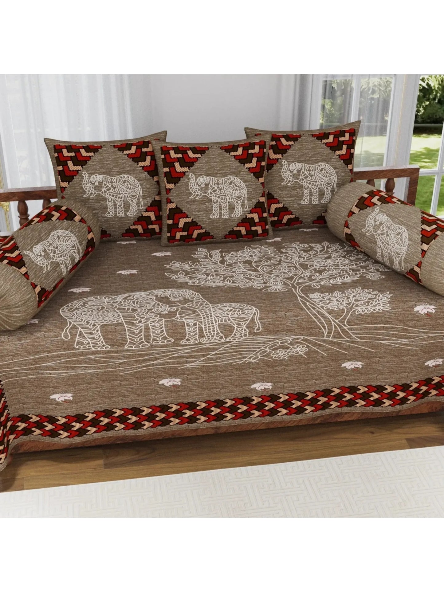 Single Size Block Print Diwan Set - Set of 8 - (1 Bedsheet + 5 Cushion Covers + 2 Bolster Cover) | 56*86 inch (4.5*7 Feet ) | Pure Cotton | Rich Fast Colour With No Colour Bleeding | (060-A)