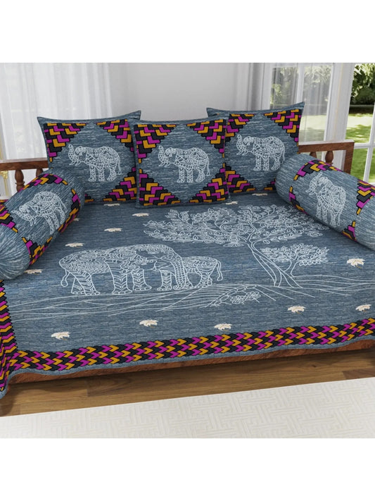 Single Size Block Print Diwan Set - Set of 8 - (1 Bedsheet + 5 Cushion Covers + 2 Bolster Cover) | 56*86 inch (4.5*7 Feet ) | Pure Cotton | Rich Fast Colour With No Colour Bleeding | (060-B)