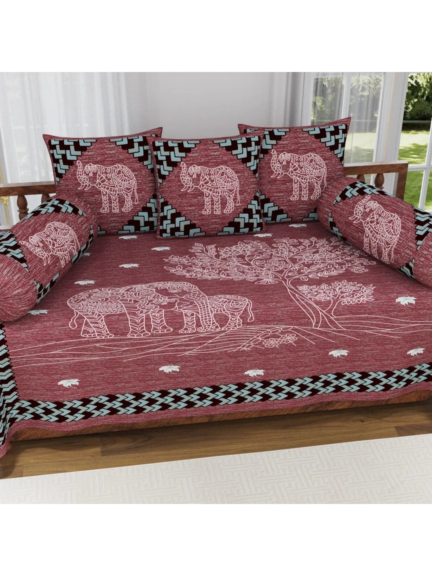 Single Size Block Print Diwan Set - Set of 8 - (1 Bedsheet + 5 Cushion Covers + 2 Bolster Cover) | 56*86 inch (4.5*7 Feet ) | Pure Cotton | Rich Fast Colour With No Colour Bleeding | (060-C)