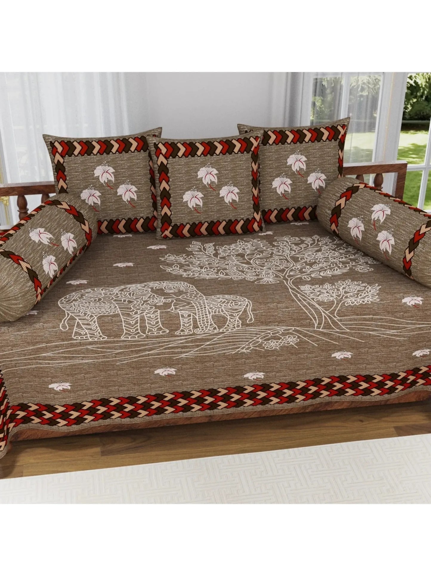 Single Size Block Print Diwan Set - Set of 8 - (1 Bedsheet + 5 Cushion Covers + 2 Bolster Cover) | 56*86 inch (4.5*7 Feet ) | Pure Cotton | Rich Fast Colour With No Colour Bleeding | (061-A)