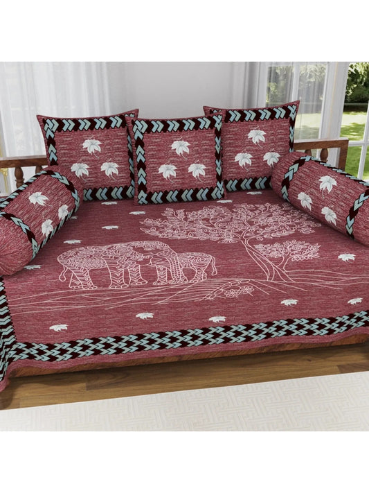 Single Size Block Print Diwan Set - Set of 8 - (1 Bedsheet + 5 Cushion Covers + 2 Bolster Cover) | 56*86 inch (4.5*7 Feet ) | Pure Cotton | Rich Fast Colour With No Colour Bleeding | (061-C)