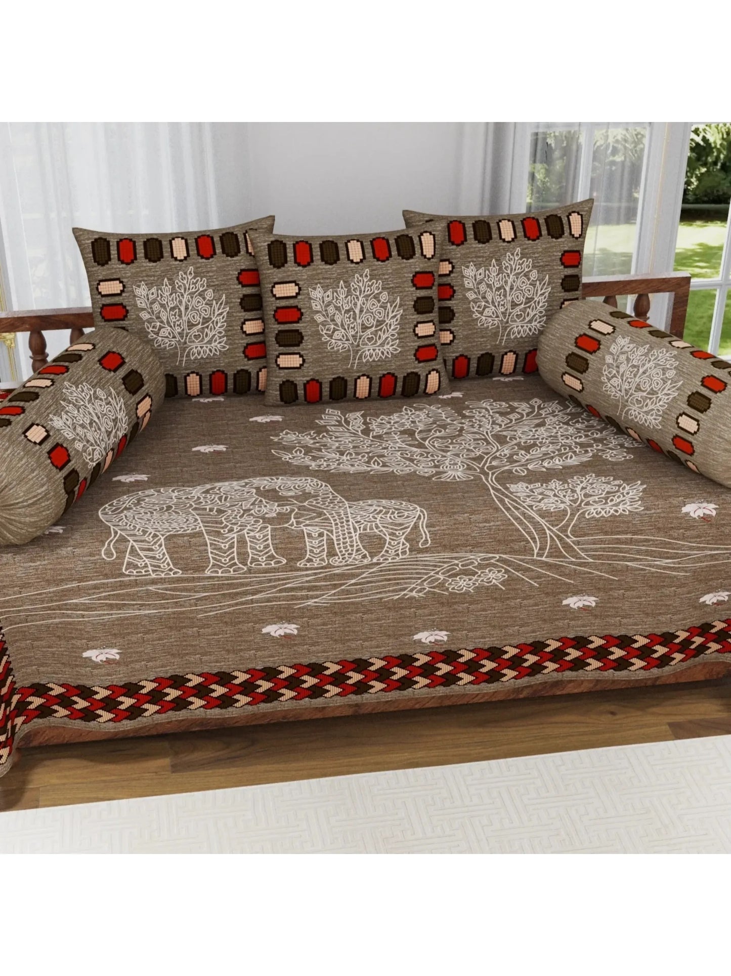 Single Size Block Print Diwan Set - Set of 8 - (1 Bedsheet + 5 Cushion Covers + 2 Bolster Cover) | 56*86 inch (4.5*7 Feet ) | Pure Cotton | Rich Fast Colour With No Colour Bleeding | (062-A)