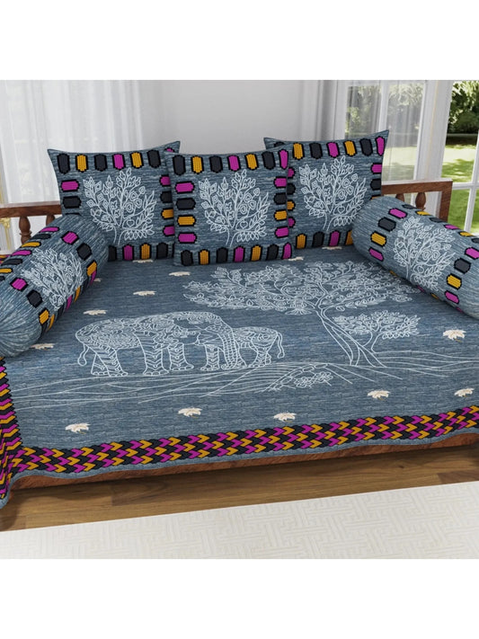 Single Size Block Print Diwan Set - Set of 8 - (1 Bedsheet + 5 Cushion Covers + 2 Bolster Cover) | 56*86 inch (4.5*7 Feet ) | Pure Cotton | Rich Fast Colour With No Colour Bleeding | (062-B)