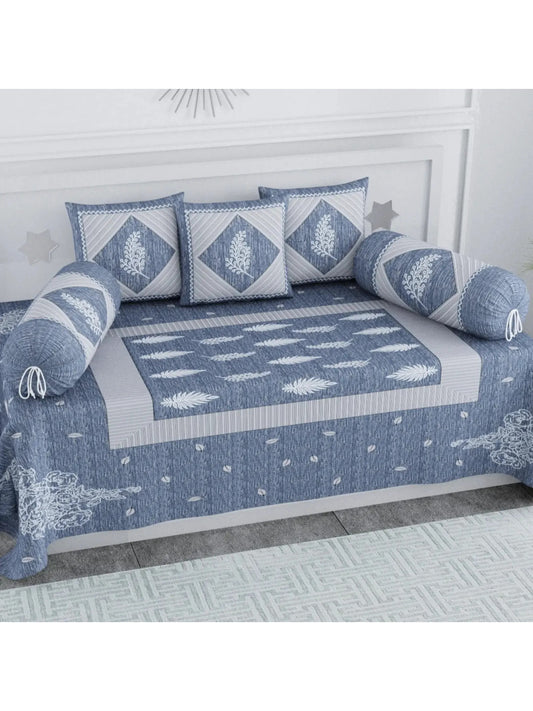 Single Size Block Print Diwan Set - Set of 8 - (1 Bedsheet + 5 Cushion Covers + 2 Bolster Cover) | 56*86 inch (4.5*7 Feet ) | Pure Cotton | Rich Fast Colour With No Colour Bleeding | (063-B)