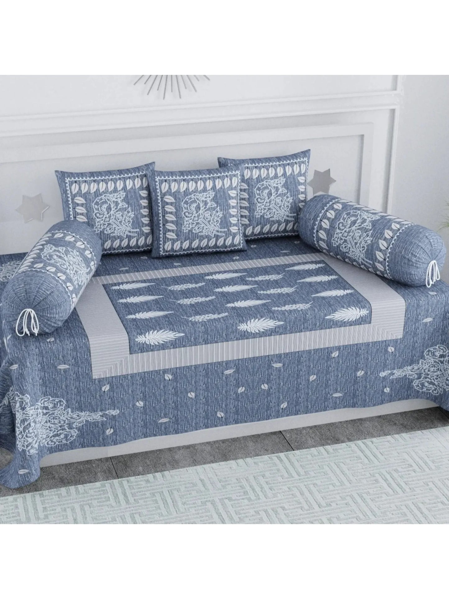 Single Size Block Print Diwan Set - Set of 8 - (1 Bedsheet + 5 Cushion Covers + 2 Bolster Cover) | 56*86 inch (4.5*7 Feet ) | Pure Cotton | Rich Fast Colour With No Colour Bleeding | (064-B)