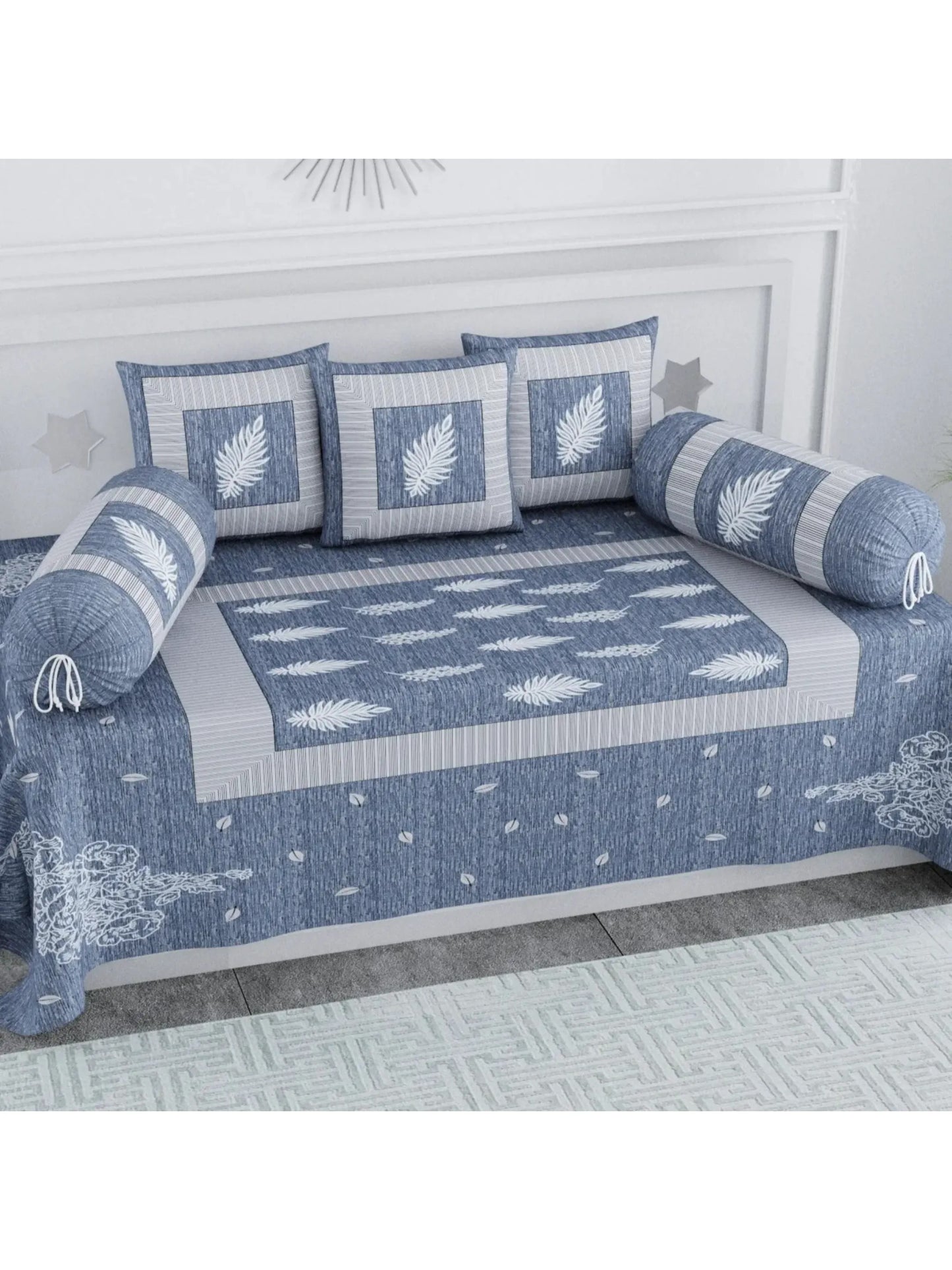 Single Size Block Print Diwan Set - Set of 8 - (1 Bedsheet + 5 Cushion Covers + 2 Bolster Cover) | 56*86 inch (4.5*7 Feet ) | Pure Cotton | Rich Fast Colour With No Colour Bleeding | (065-B)